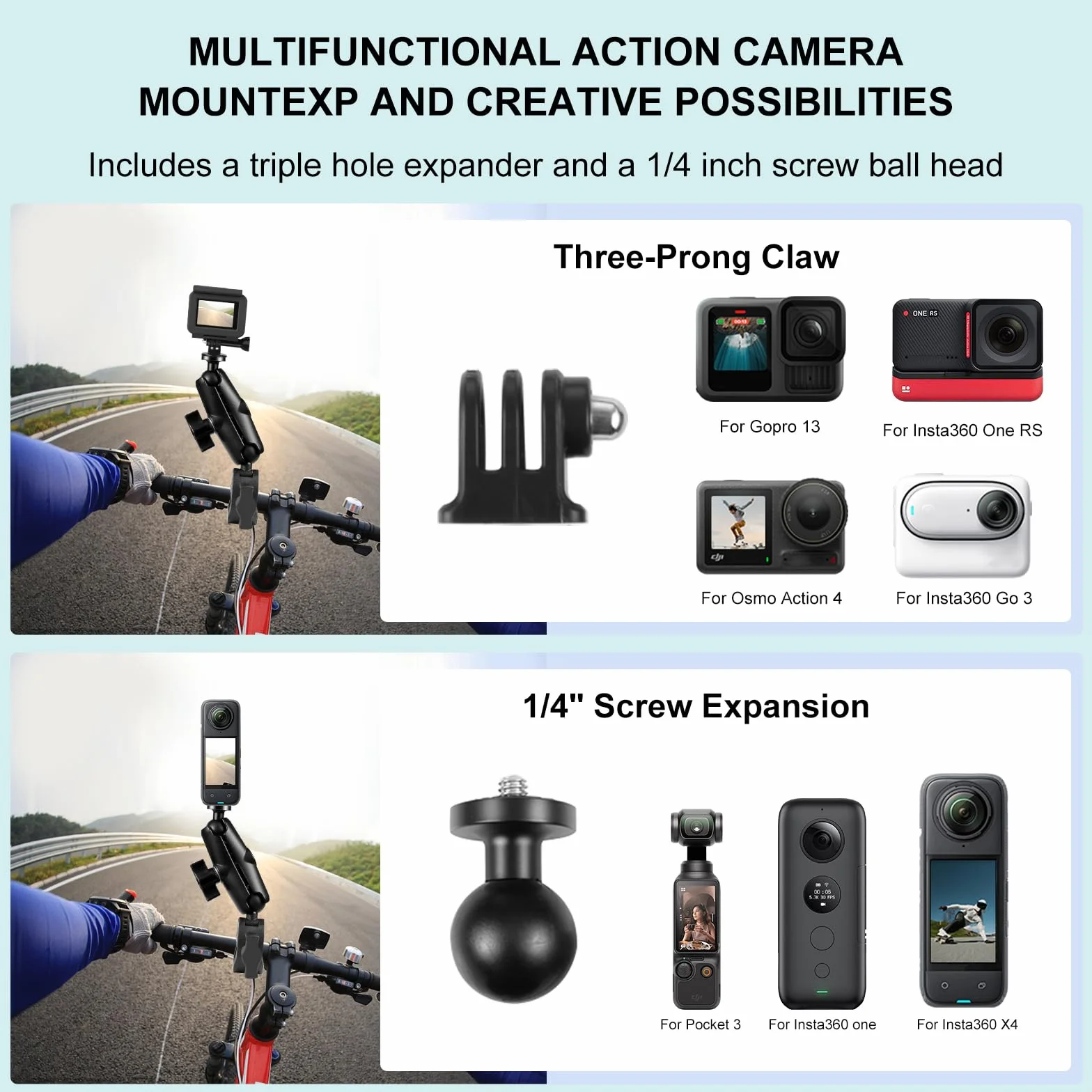 PULUZ kijek do selfie na motocykl Klamra wspornik 150 cm, kijek do selfie Insta 360 na motocykl z 2 super klamrami dla Insta360 X5X4, X3, X2, One, RS, R Ace, dla DJI Osmo 360