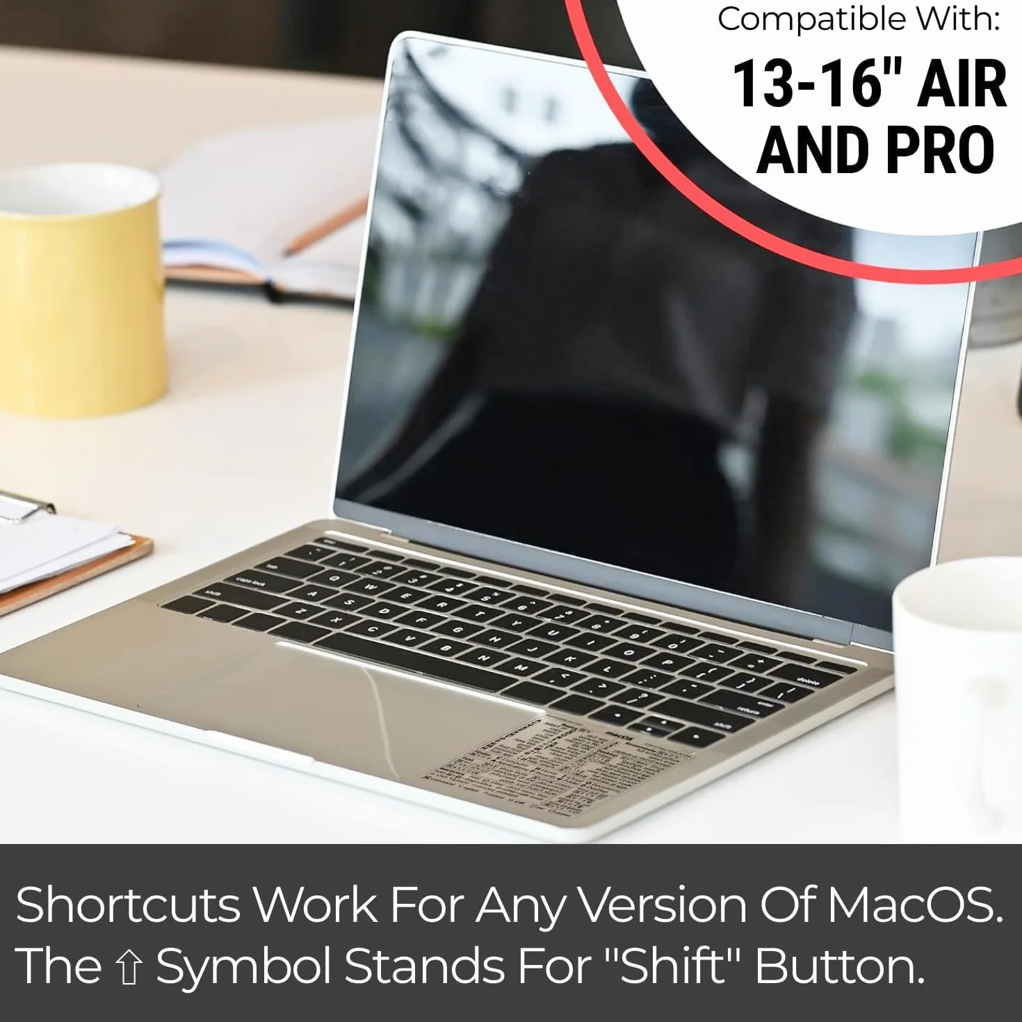 Synerlogic Naklejka ze skrótami klawiatury Mac OS, laminowana winylowa do MacBooka, przezroczysta czarna