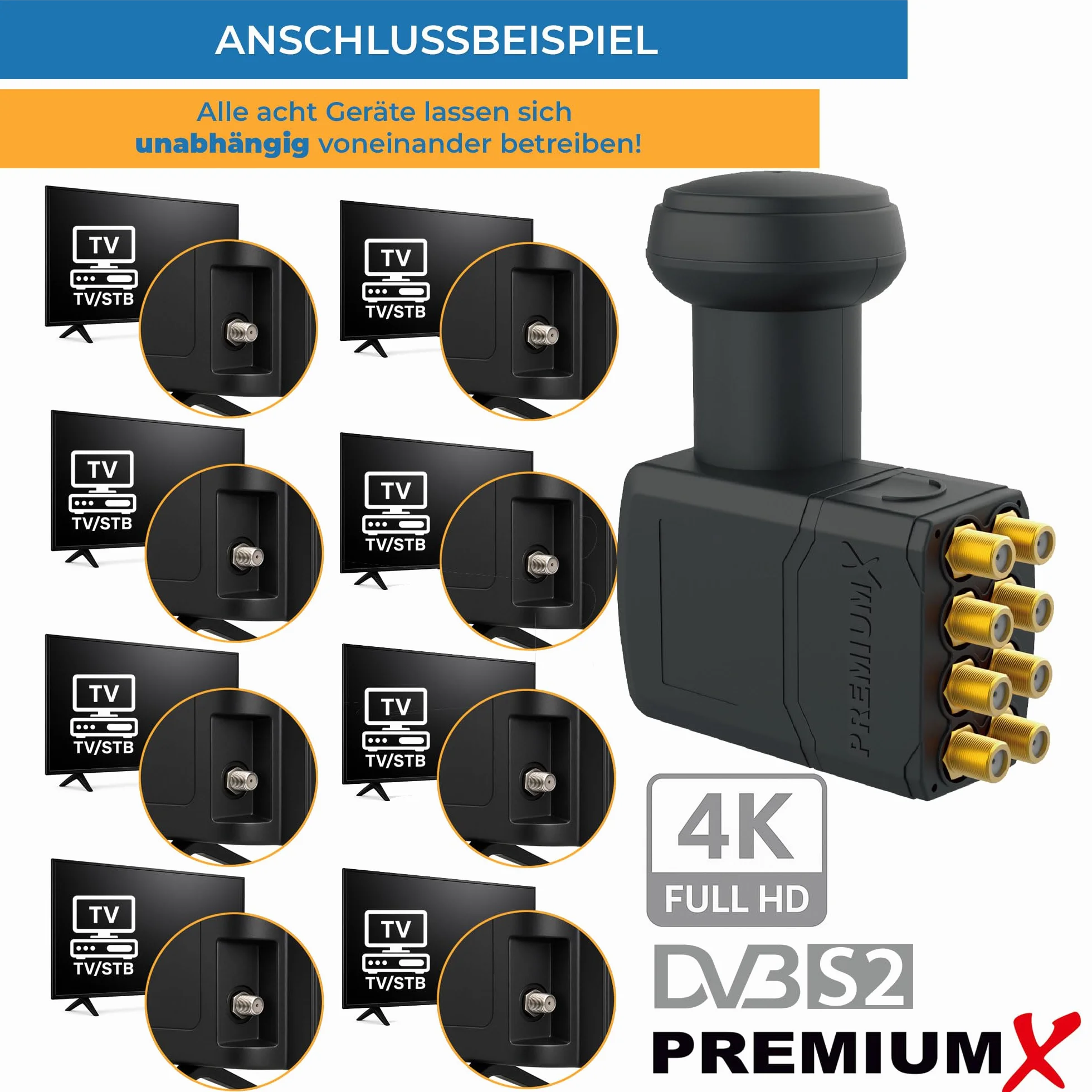 PremiumX Octo LNB 4K dla 8 uczestników Direct SAT 8-drożny LNC 0,1 dB Digital HDTV FullHD 3D UHD HD