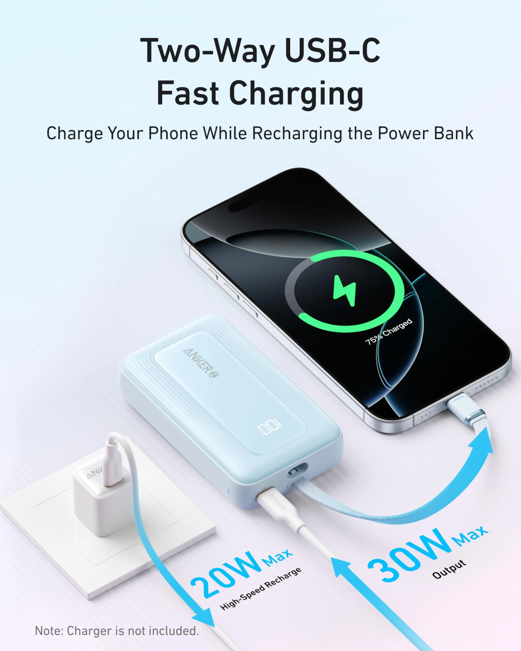 Powerbank Anker Zolo, 10 000 mAh 30 W, szybka przenośna ładowarka z wbudowanym kablem USB-C, akumulator do szybkiego ładowania dla serii iPhone 16, Galaxy, iPad i innych (Czarny)