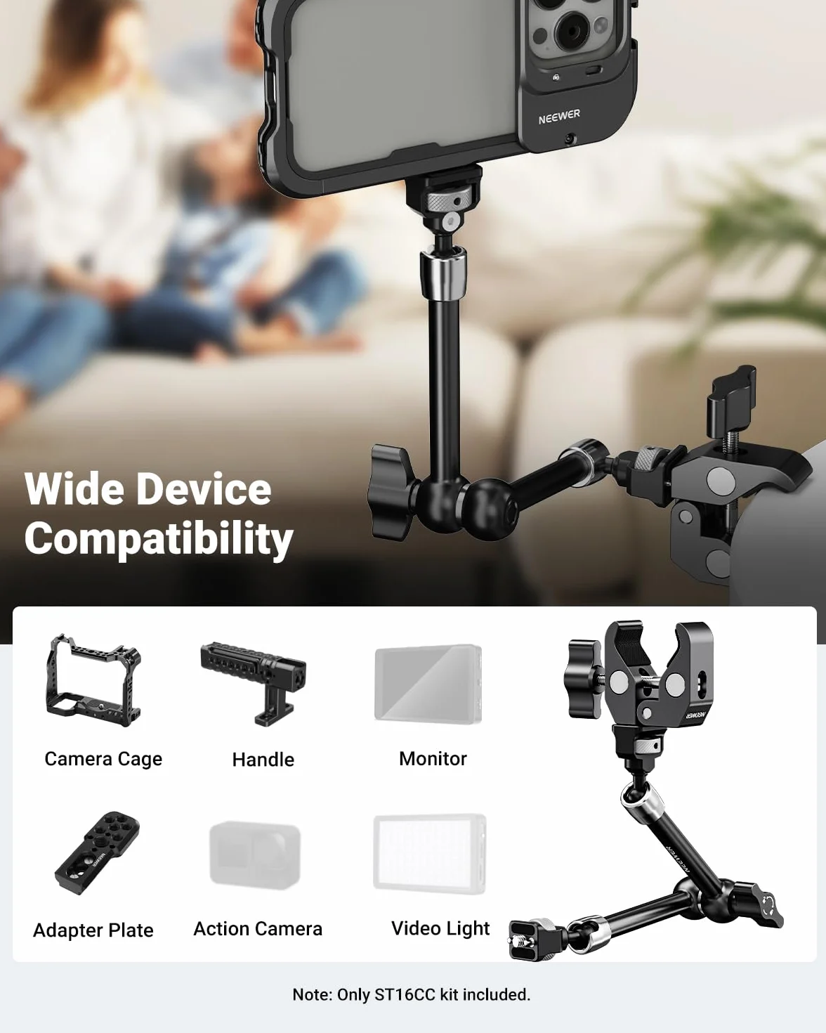 Neewer 11-calowy przegubowy magiczny uchwyt zaciskowy z super zaciskiem, uchwyt na monitor kamery z pinami i otworami 1/10.2 cm 3/20.3 cm ARRI do lustrzanek cyfrowych, lampa wideo kompatybilna z