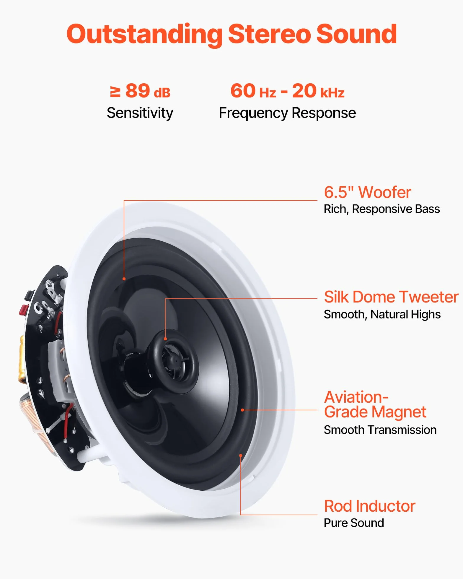 VEVOR Wbudowany głośnik sufitowy Bluetooth 165,1 mm, 4-częściowy zestaw głośników sufitowych do wilgotnych pomieszczeń, kino domowe, salon, zadaszony ganek, ze wzmacniaczem, 2-drożny montaż podtynkowy