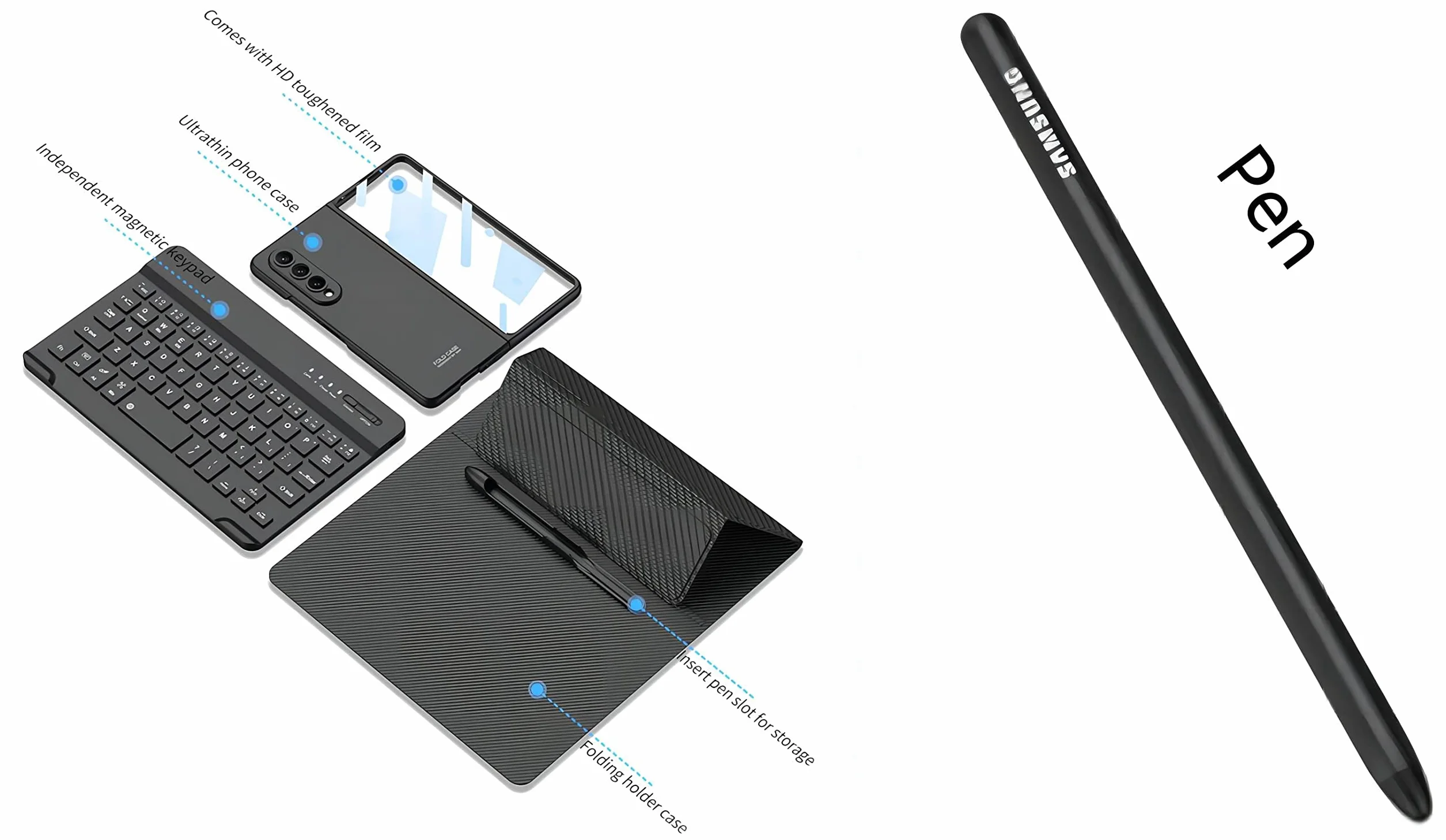 Custodia Magnetyczne etui z klapką, stojak, etui na klawiaturę, gniazdo na długopis, folia szklana do telefonu Samsung Galaxy Z Fold3 5G (12)