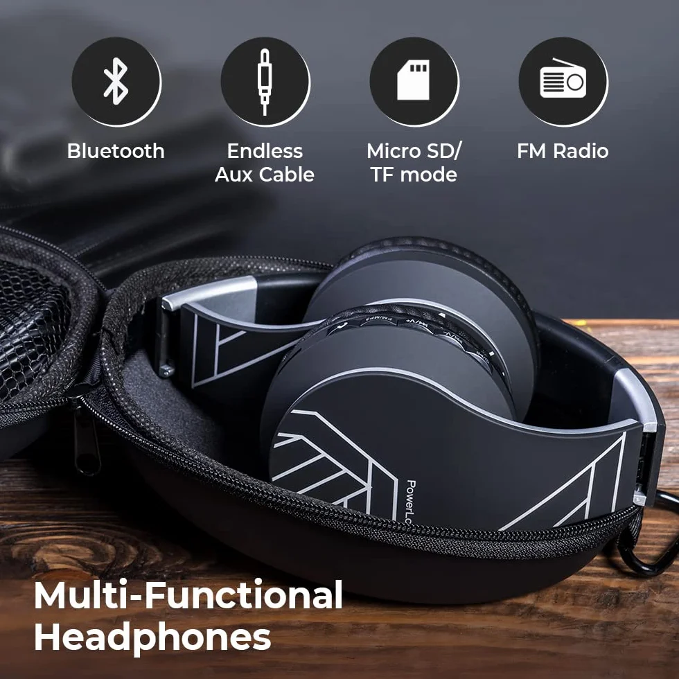 PowerLocus Słuchawki nauszne Bluetooth, bezprzewodowe słuchawki z mikrofonem, składane, miękkie nauszniki z pianki z pamięcią kształtu i lekkie, Micro SD/TF, radio FM do