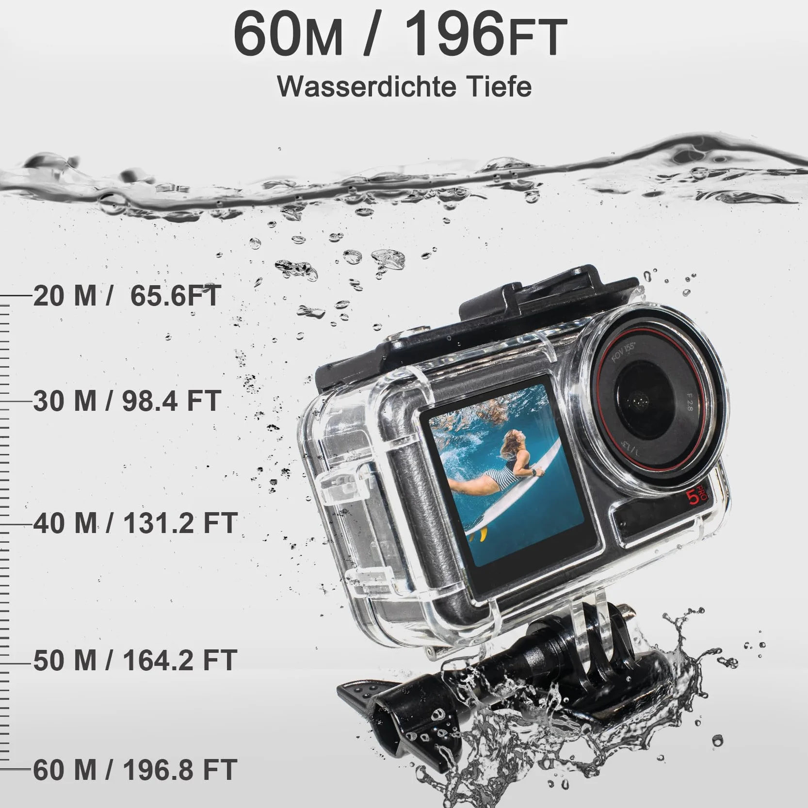 OKFUN 50M/164FT wodoodporna obudowa podwodna z 3-pakietem filtrów do DJI OSMO Action 5 Pro Action 4 Action 3, chroniąca skorupka, statyw jednożyłowy, pływający uchwyt, pręt