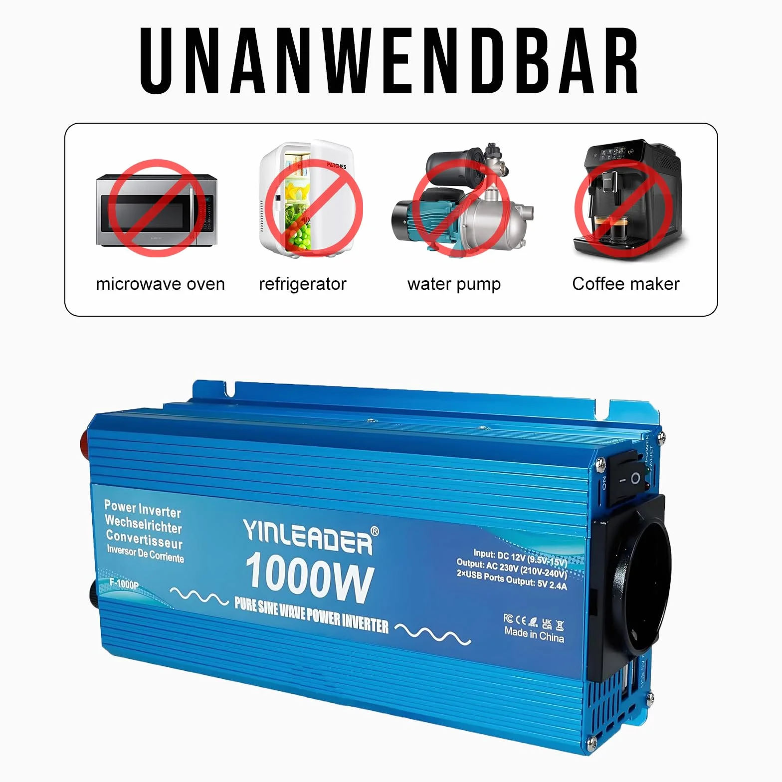 Yinleader Konwerter 1000 W, 12 V, 230 V, czysty falownik, 12 V, 220 V, przetwornica napięcia, 2 porty USB, gniazda AC, do samochodu kempingowego