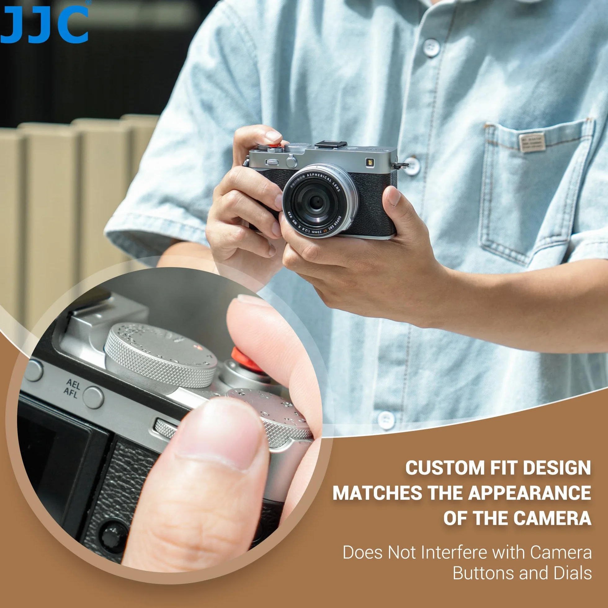 JJC Metalowa osłona stopki Full Cover Thumb Up Grip z przyciskiem migawki kompatybilna z aparatami Fujifilm X-E5, XE5, silikonowe wkładki Thumb Hand Grip przeciwpyłowe i antypoślizgowe, srebrne