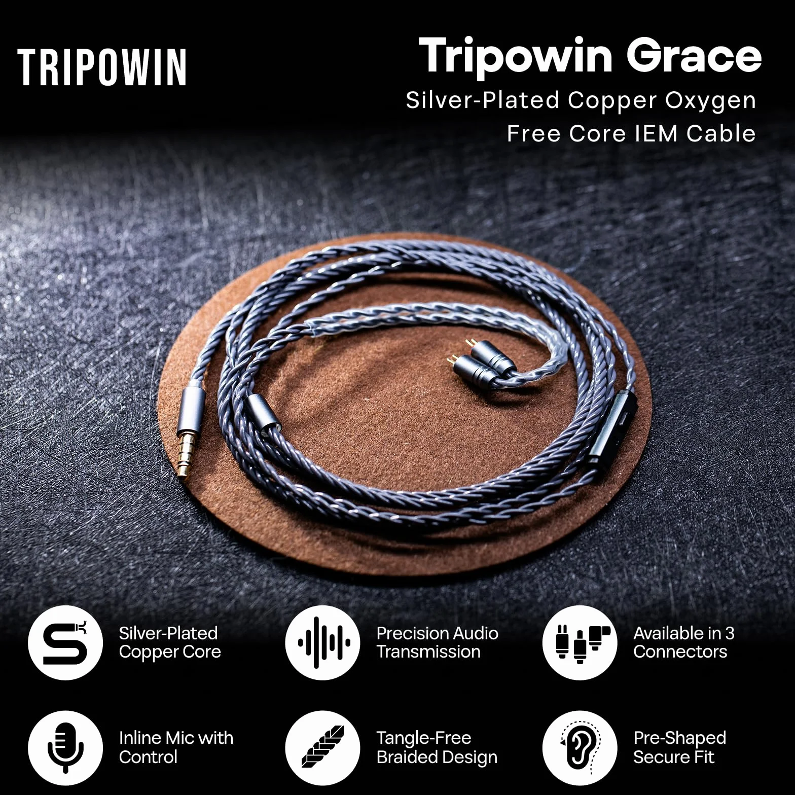 Tripowin Grace Odłączany kabel słuchawkowy OFC z mikrofonem, 0,78 mm, 2-pinowy HiFi, do audiofilów, konstrukcja zapobiegająca plątaniu i inteligentnym sterowaniu (2-pinowy)