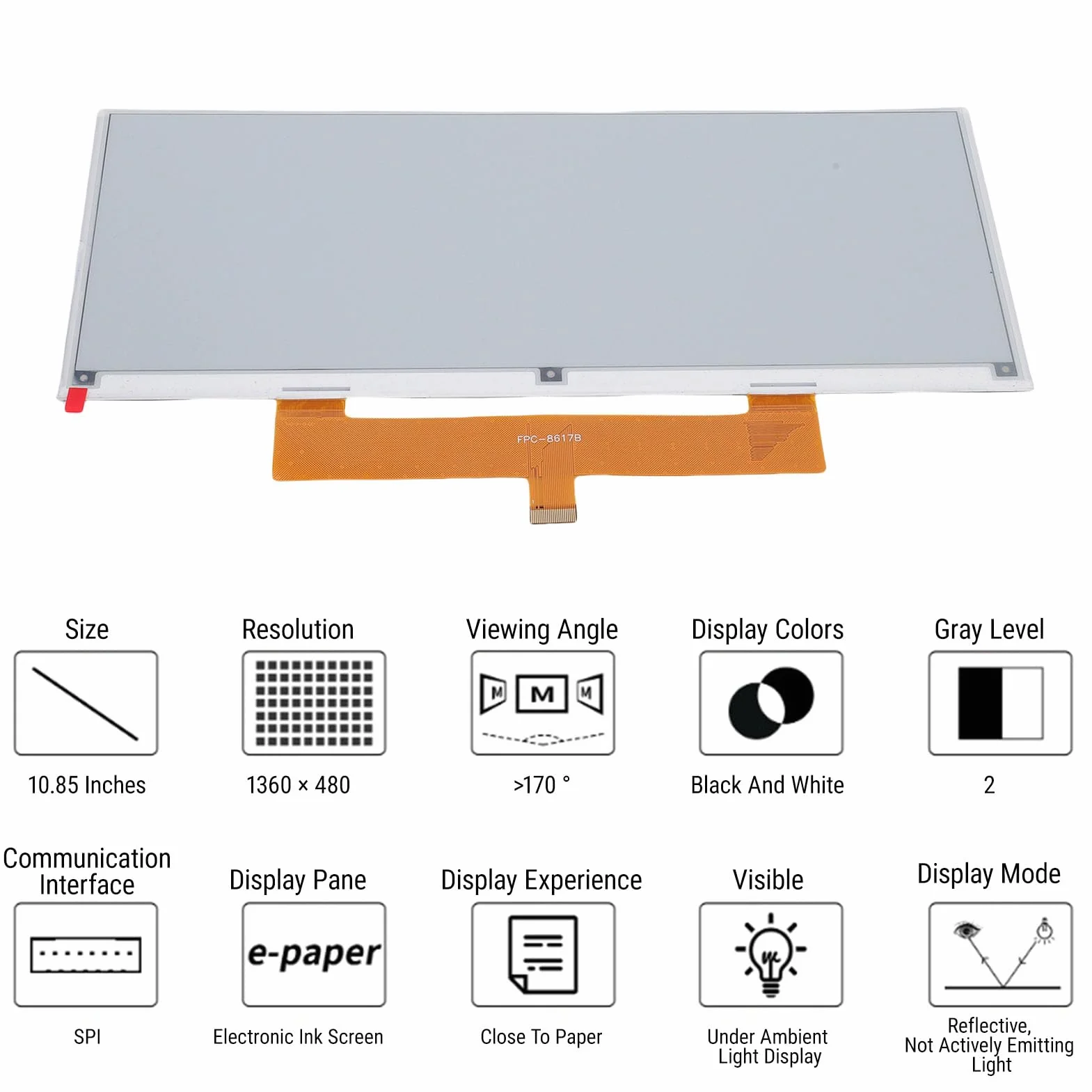 Vikye 10,85-calowy moduł Wyświetlacza E - Ink, Czarno-biały, Dwukolorowy 1360 X 480 Pikseli E - moduł Papierowy z Interfejsem SPI Kompatybilny z RPi 5 / 4B / 3B Zero Pico