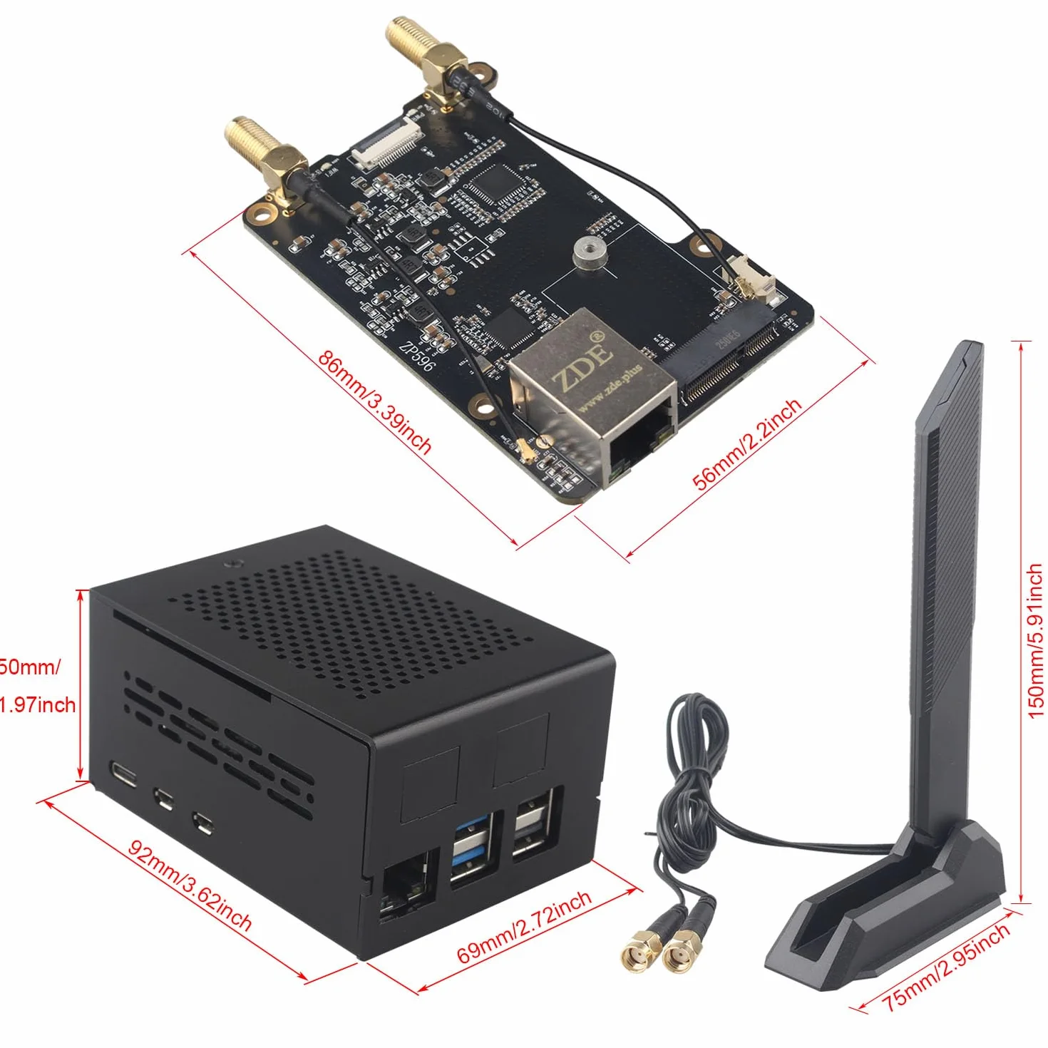 ZDE ZP596C PCIe do M.2 E Key HAT magnetyczna antena bazowa WiFi7 6 6E 5 PCIe do portu sieciowego Ethernet 2,5G HAT z etui ZC506 dla Raspberry Pi 5 obsługa Google TPU WiFi 7 BE200 WIFI6E AX210 MT7922