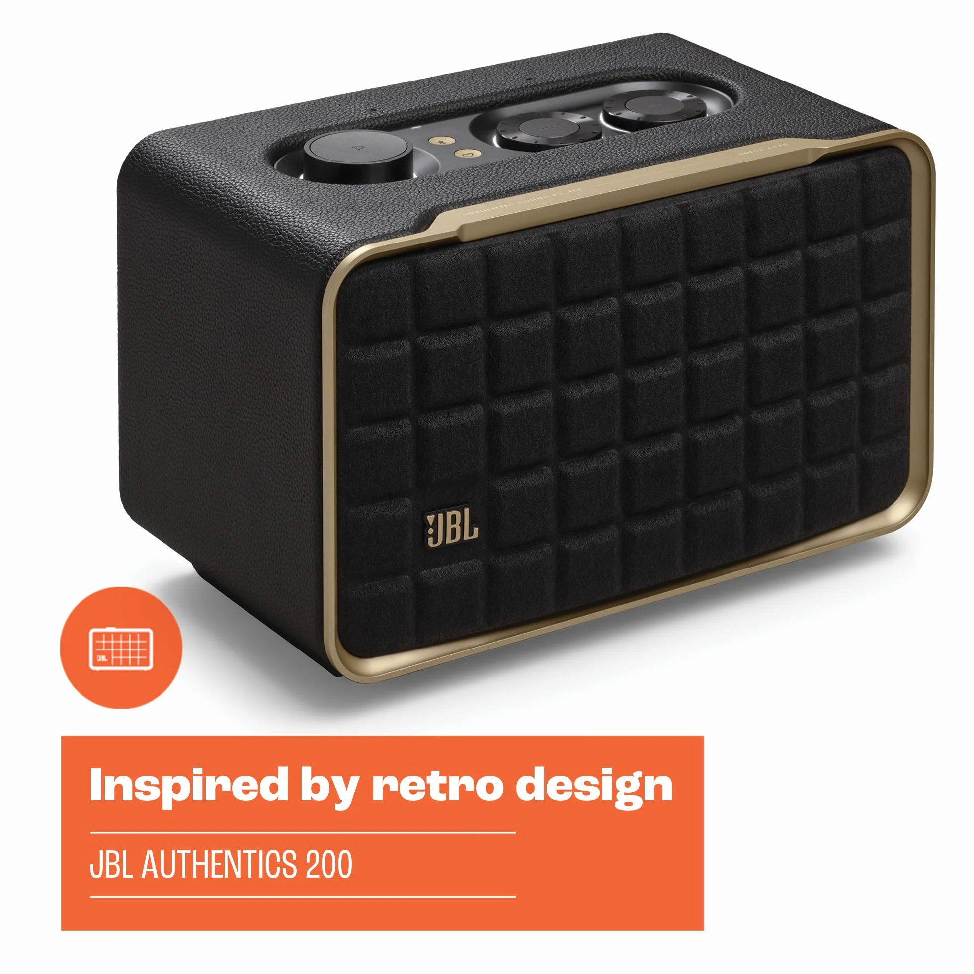 JBL Authentics 200, Inteligentny Głośnik Domowy z Wi-Fi, Bluetooth, Dźwiękiem Stereo i Mocnym Basem, Kompatybilny z Alexa i Google Home, w Stylu Retro
