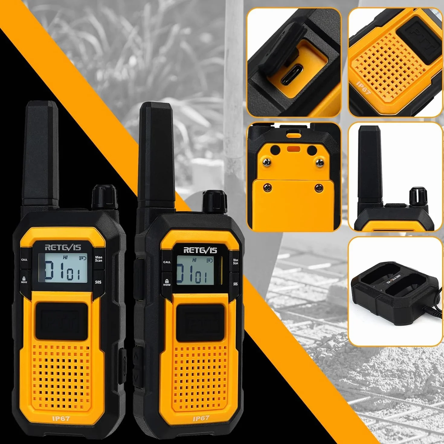 Retevis RB648 Krótkofalówka IP67, Walkie Talkie, Radio Dwukierunkowe MIL-STD-810H, Podwójny PTT, z Mikrofonogłośnikiem z AI Redukcją Szumów (w mikrofonie), Do Przemysłu (2 Szt., Żółty)