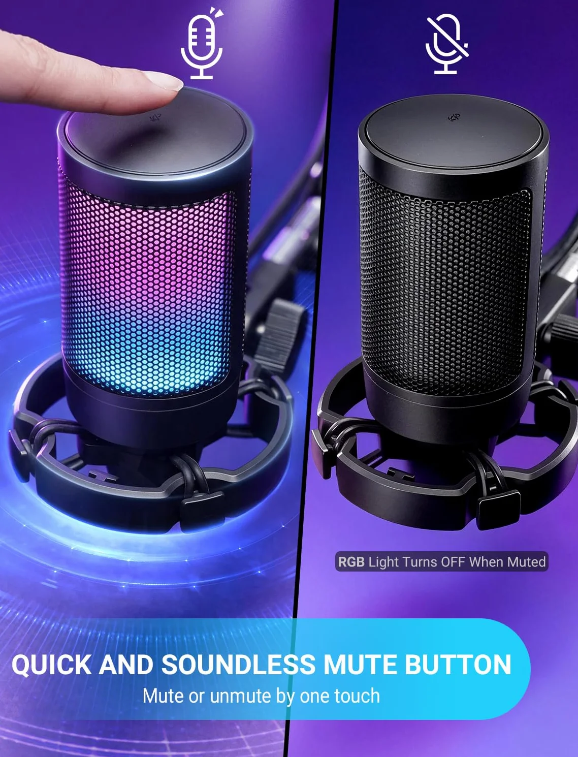 FIFINE PS5 mikrofon pojemnościowy RGB z przyciskiem Tap-to-Mute, odporny na wstrząsy, filtr pop, kontrola wzmocnienia do przesyłania strumieniowego, podcastu, Discord, Twitcha, AmpliGame
