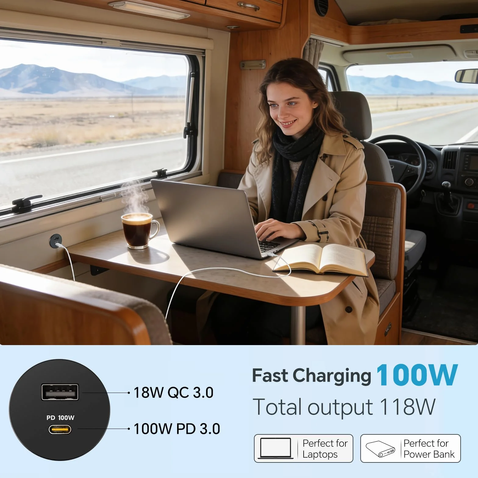acegoo Gniazdo USB C 12 V 100 W PD i 18 W QC, kamper USB, całkowicie aluminiowa ładowarka do laptopa, szybkie ładowanie do kampera, łodzi, autobusu, samochodu, ciężarówki, 2 szt