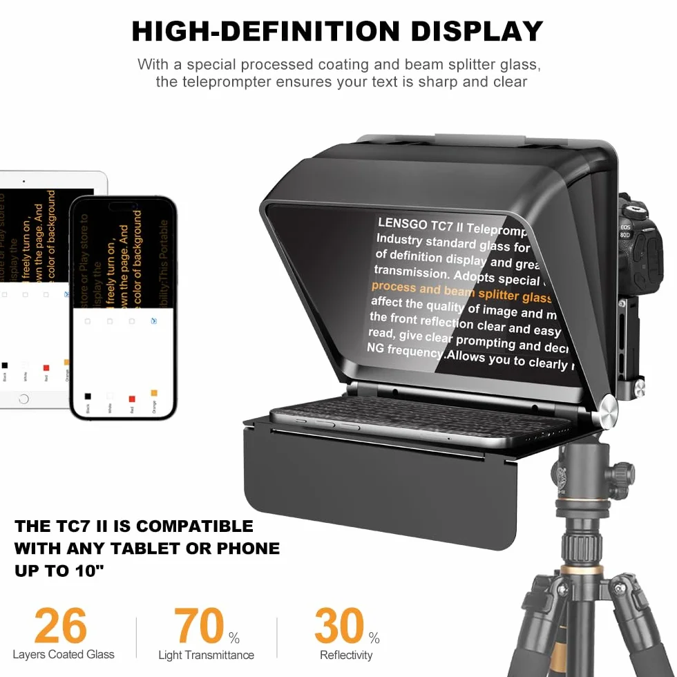LENSGO Teleprompter do aparatu DSLR/SLR, 7,9''Mini Prompter APP kompatybilny z iOS/Android dla YouTube/nauczanie online/wywiad/transmisja na żywo, obsługa fotografowania obiektywu szerokokątnego 24-35