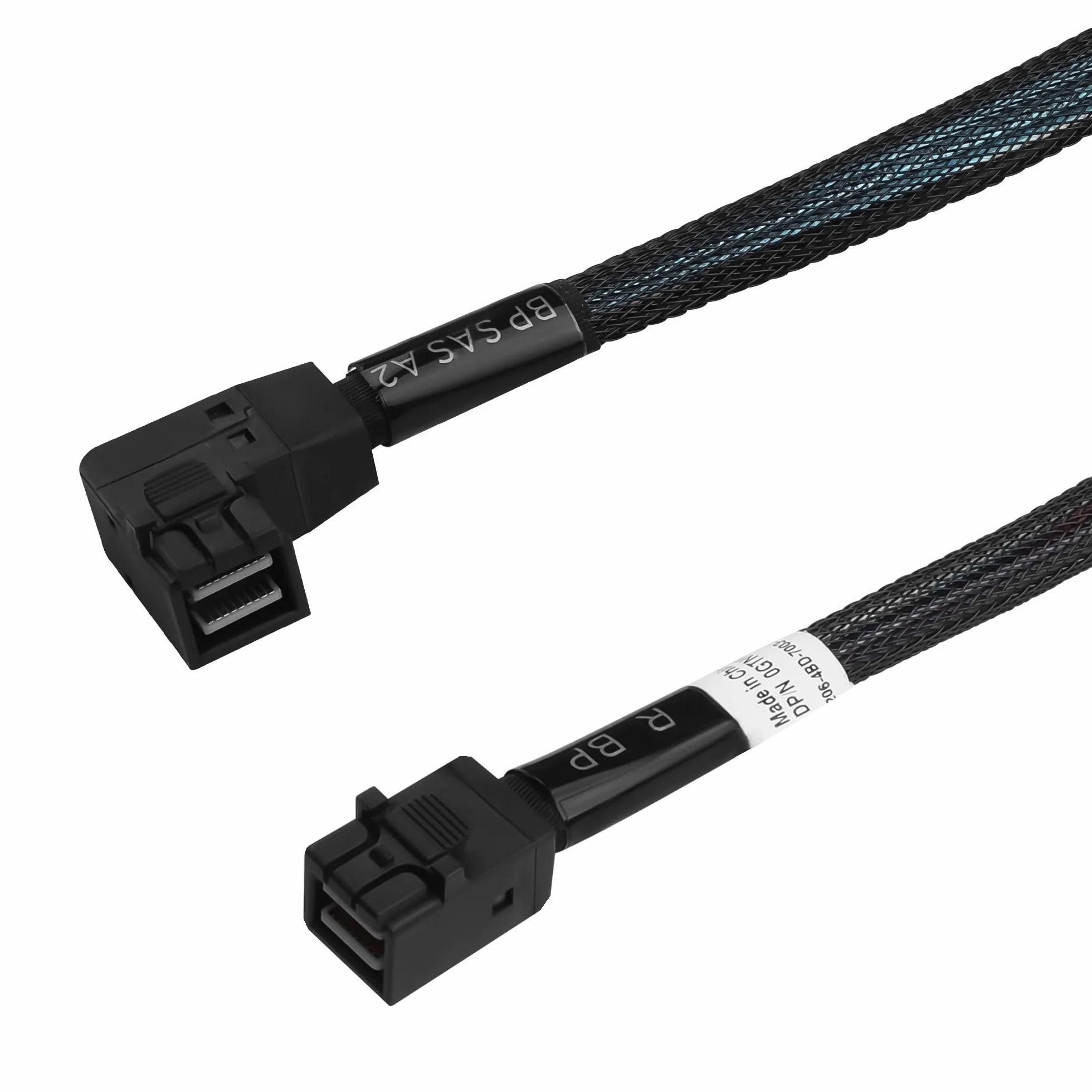 MINI SAS HD SFF-8643 kabel 45 cm, kąt prosty do 90 stopni, wewnętrzny kabel serwerowy z plecionym płaszczem i nasadkami ochronnymi, SAS 3.0 12 Gbps do centrum danych/RAID/SAN