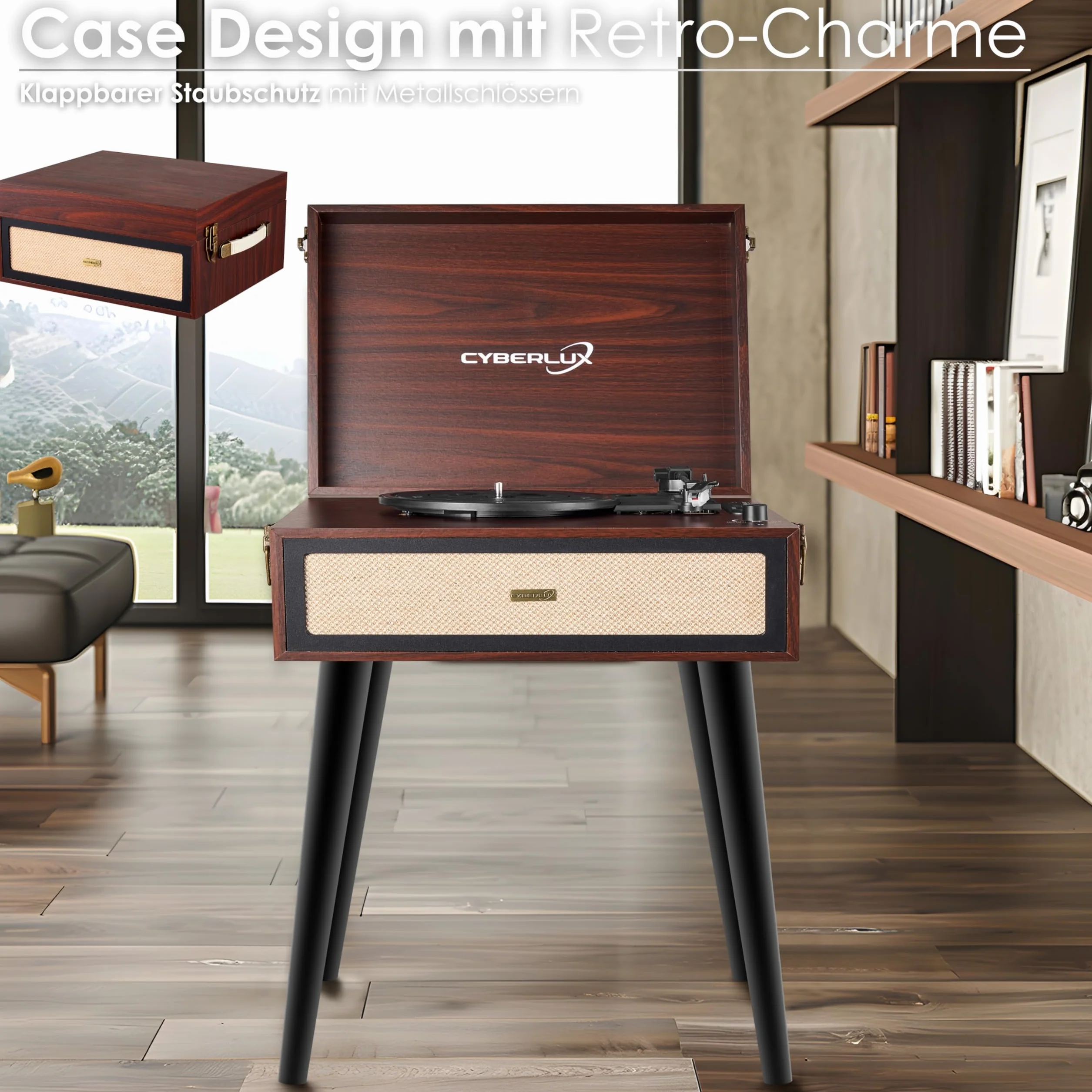 Retro Gramofon ze Stojakiem i Nóżkami - Głośnik Full Range Bluetooth, Radio FM, USB, Wyjście AUX IN, Micro SD - Winylowy Nostalgiczny Odtwarzacz