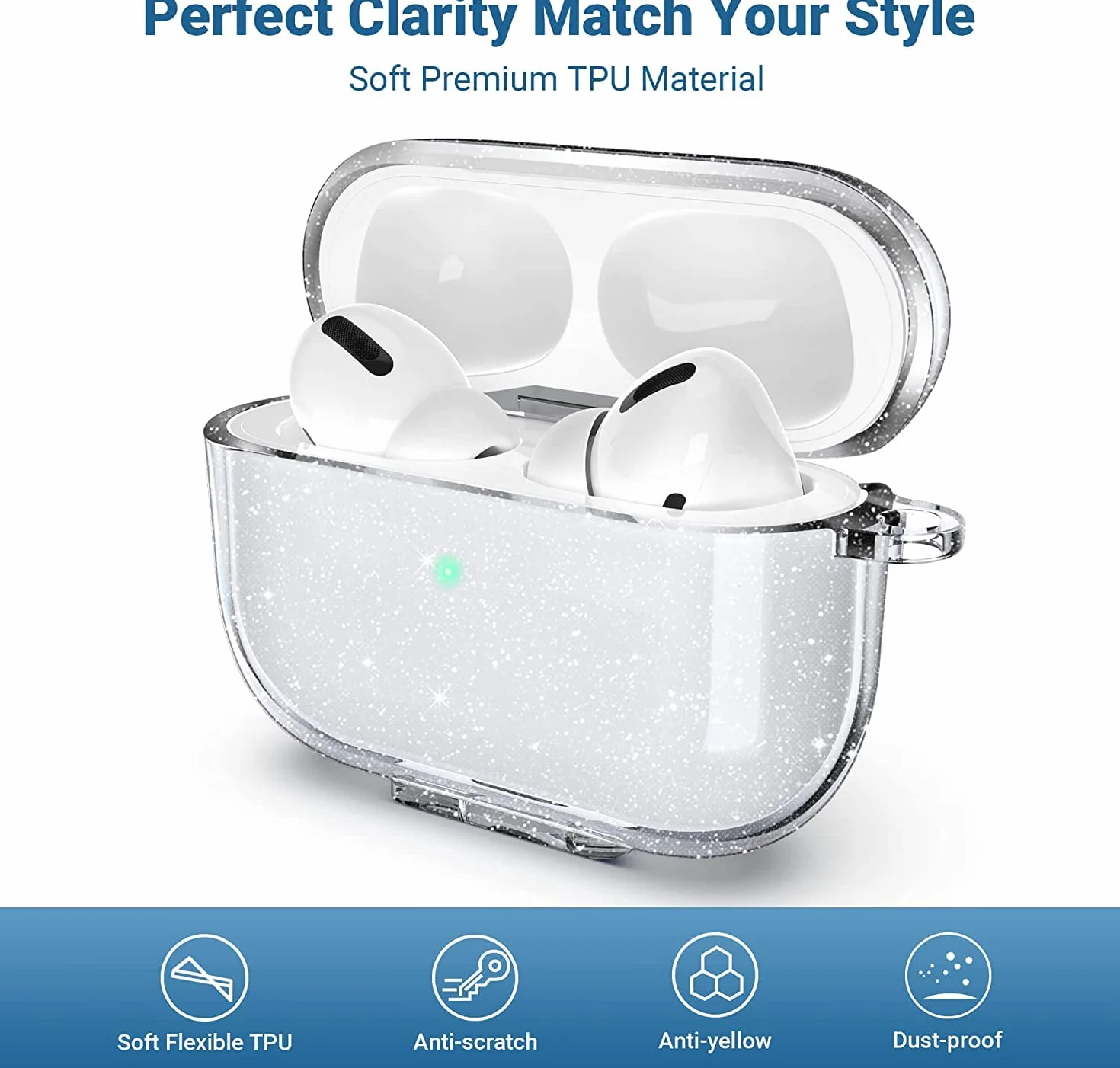 ULAK Etui do Airpods Pro 2/1. generacji, ochronny pokrowiec AirPod Pro, miękki, przezroczysty, odporny na wstrząsy, akcesoria z brelokiem do Airpods Pro 2/1, brokat