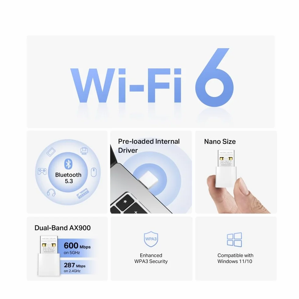 MERCUSYS MA60XNB - Adapter USB Nano Wi-Fi 6 AX900 i Bluetooth 5.3, Dual Band 600 na 5 Ghz i 287 Mb/s przez 2.4 GHz, Ultra kompaktowy rozmiar 26,9 × 16,1 × 7,6 mm, bezpieczeństwo WPA3