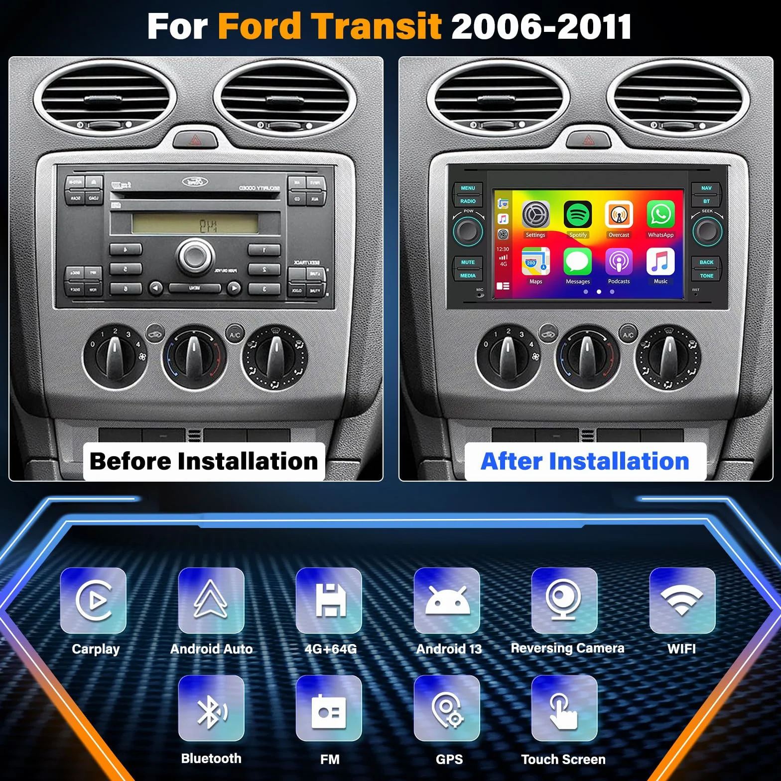 Radio samochodowe z systemem Android 13 do Ford Transit 2006-2011, 7-calowy wyświetlacz 4 + 64 G Carplay do Car Play i Android Auto z GPS, WiFi, Bluetooth, FM, SWC Mirror Link Split Screen + kamera