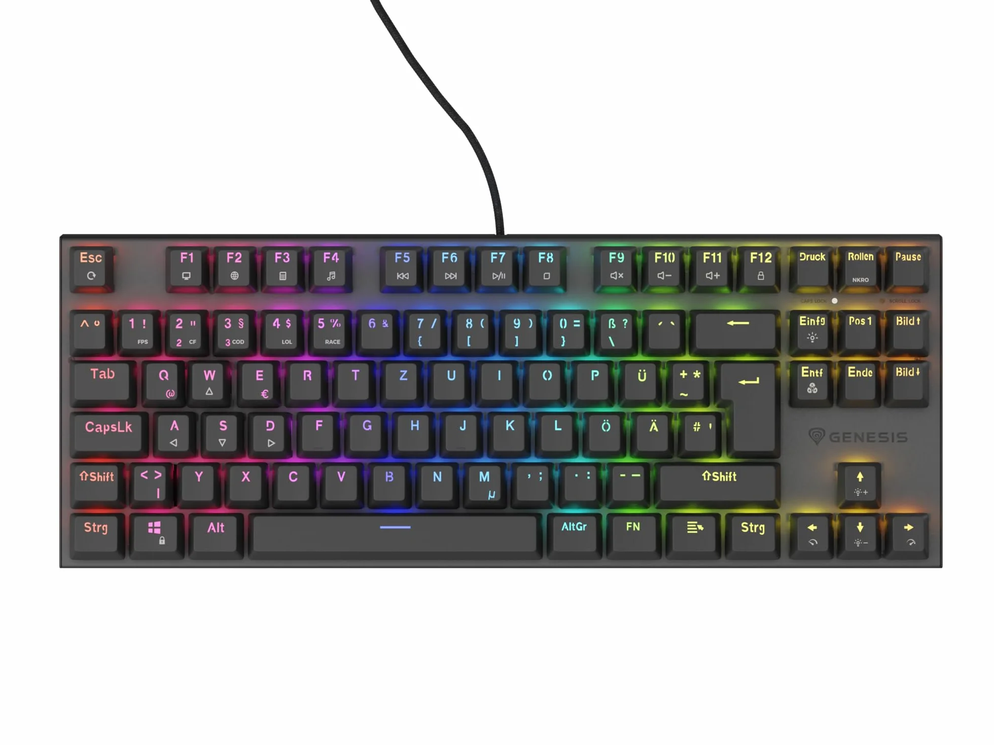 Genesis Thor 303 TKL mechaniczna klawiatura gamingowa QWERTZ, Brown Switch Gaming Keyboard 80%, Outemu Brown, Hot-Swap, oświetlenie RGB, 88 przycisków, Anti-Ghosting, USB-A, czarna