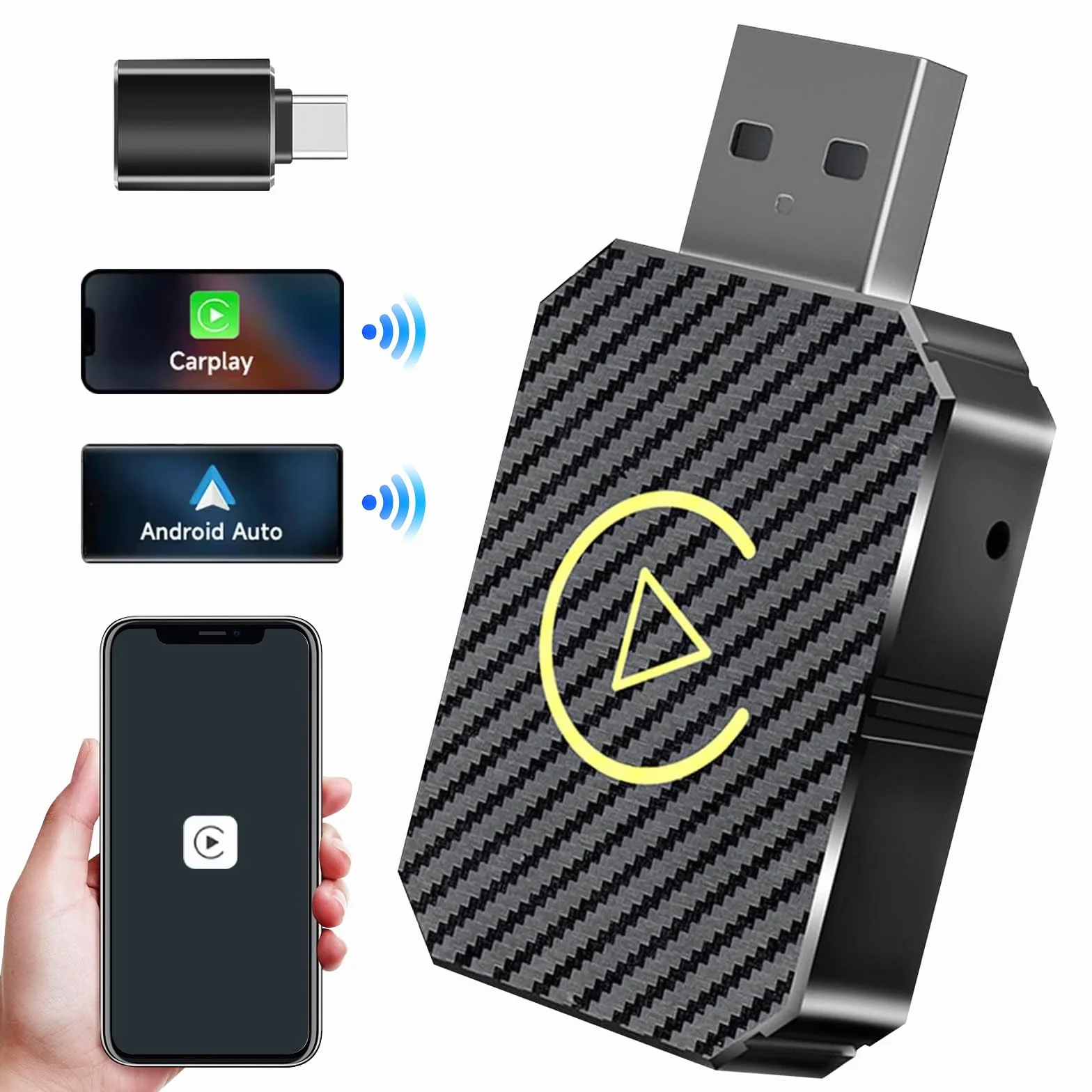 Bezprzewodowy adapter Carplay, 2025 Upgrade bezprzewodowy adapter Android Auto, 2 w 1 bezprzewodowy auto stick Carplay Kompatybilny, Plug & Play, Kompatybilny z samochodami od 2016 i iOS 10+