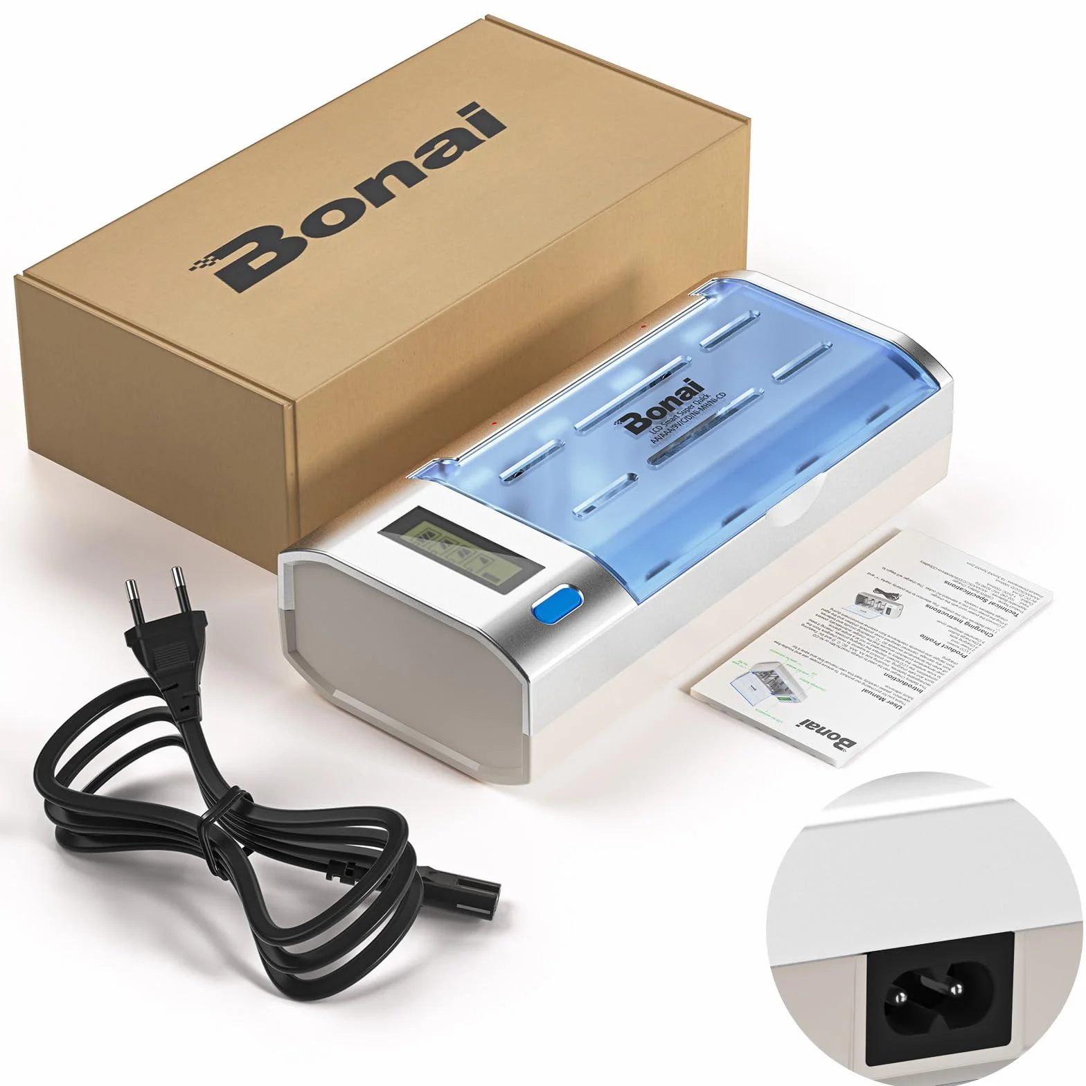 BONAI LCD Uniwersalna Ładowarka do Akumulatorów AA/AAA/SC/C/D/9V NI-MH/NI-CD z Funkcją Rozładowywania