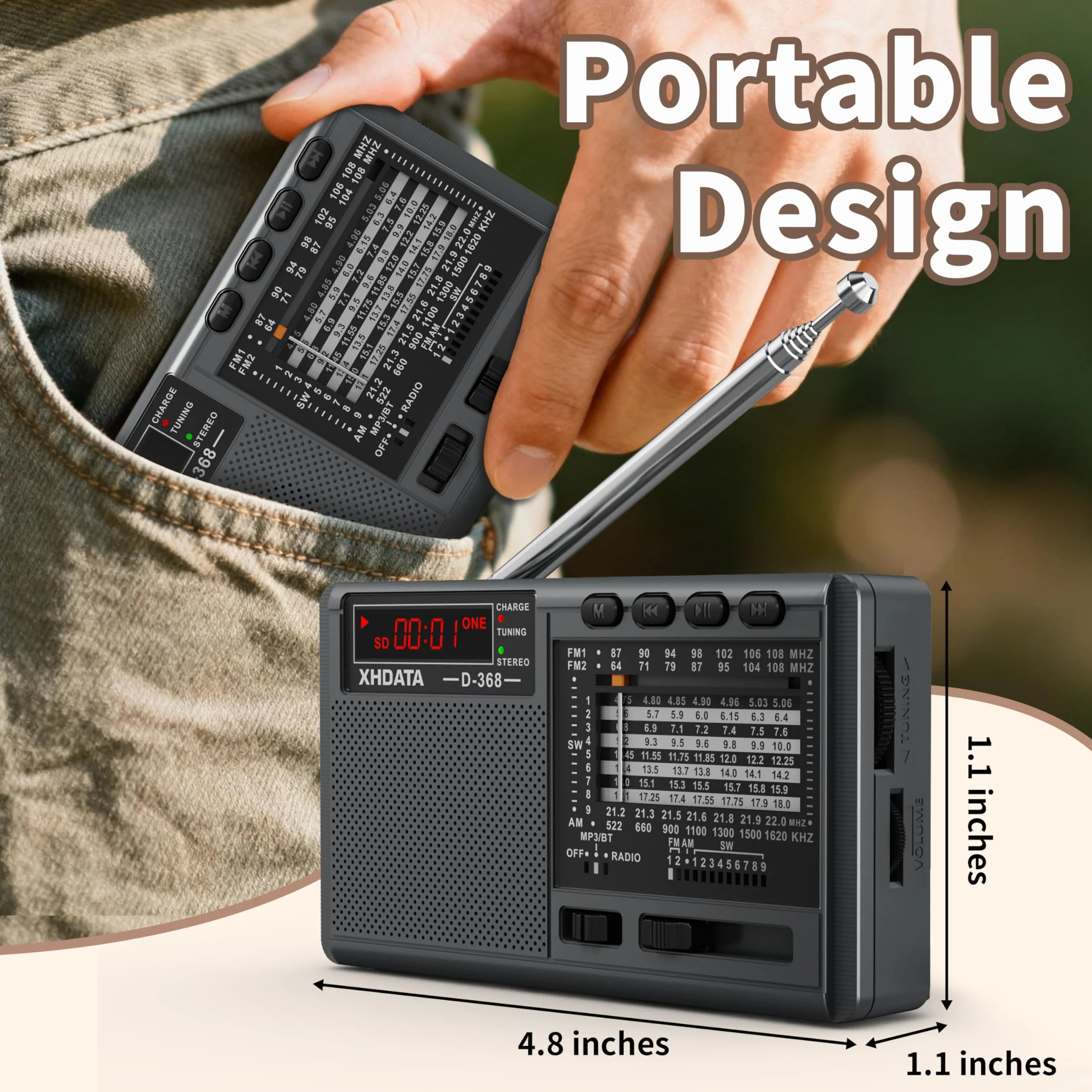 XHDATA D368 Przenośne Radio Tranzystorowe Kompaktowe FM/AM(MW)/SW Mini Z Bluetooth USB TF Na Baterie