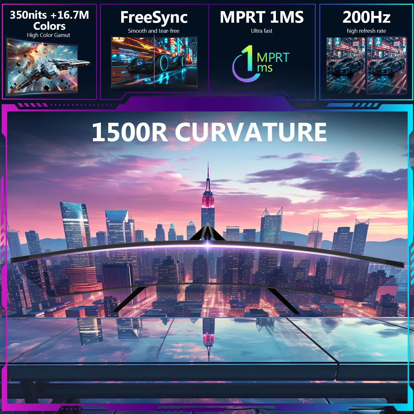Z-Edge Zakrzywiony ekran komputerowy do gier 27 cali 200 Hz, 1ms, FreeSync, monitor FHD 1080P z kablem DP, 350cd/m², 1500R VA, bezramowe HDMI2.1 & DP1.4, VESA, sRGB 99%, 178° kąt widzenia