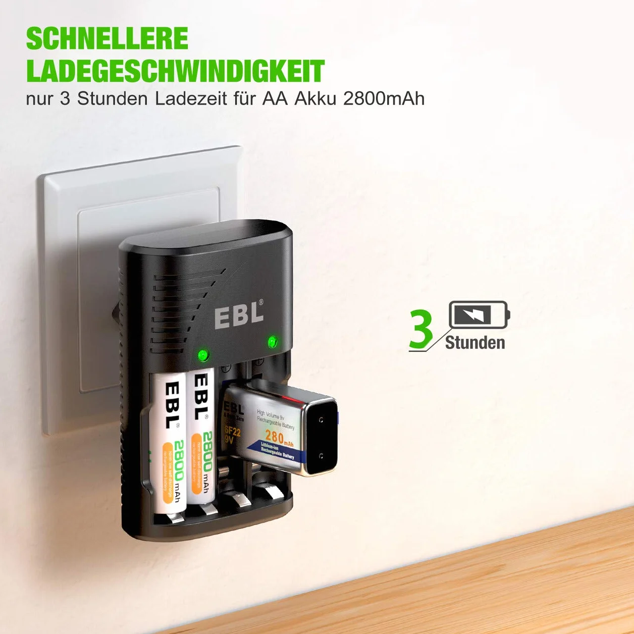 EBL Ładowarka do akumulatorów AA AAA 9 V NIMH, 4 gniazda ładowania Smart Plug, wielofunkcyjna ochrona, wyświetlacz LED, szybka ładowarka do AA AAA 9 V