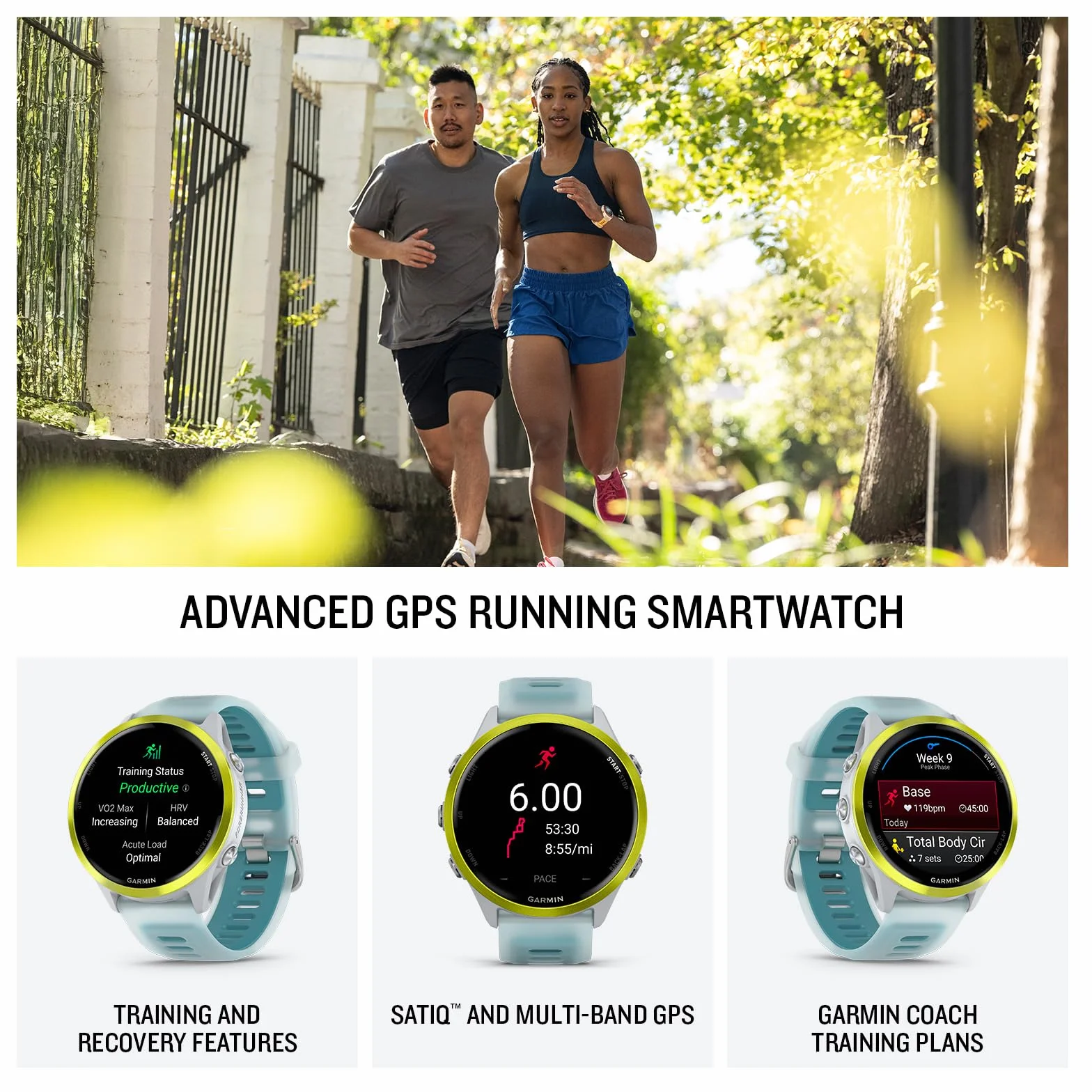 Garmin® Forerunner® 570, 47mm, Advanced GPS Running and Triathlon Smartwatch, AMOLED Display, Training and Recovery Features, Amp Yellow Aluminum with Translucent Whitestone/Turquoise Band | Wyświetlacz Amoled 47 mm, aluminiowa ramka, trening i wyszukiwan