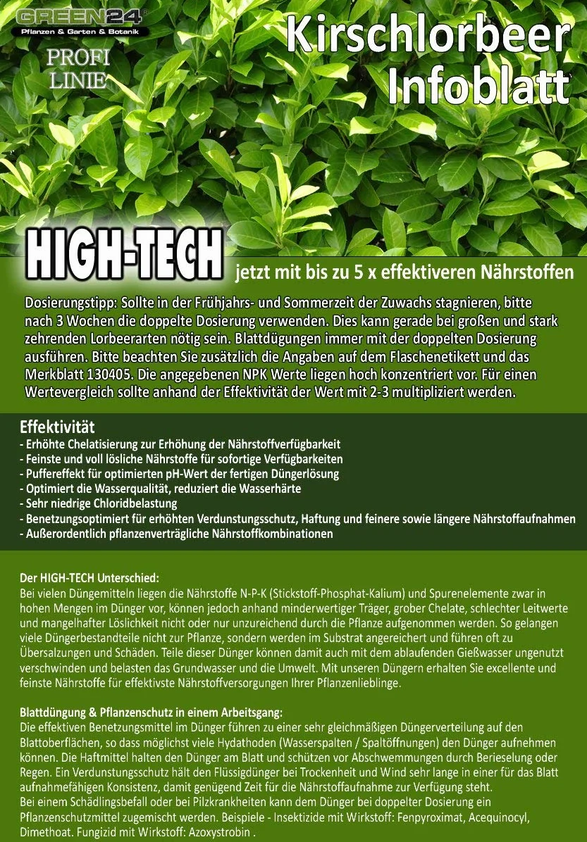 GREEN24 HIGHTECH nawóz do laurowego wiśniowego, profesjonalna linia 1 l, do nawożenia wielu roślin Prunus laurocerasus, Hightech płynny nawóz do żywopłotów laurowych i donic