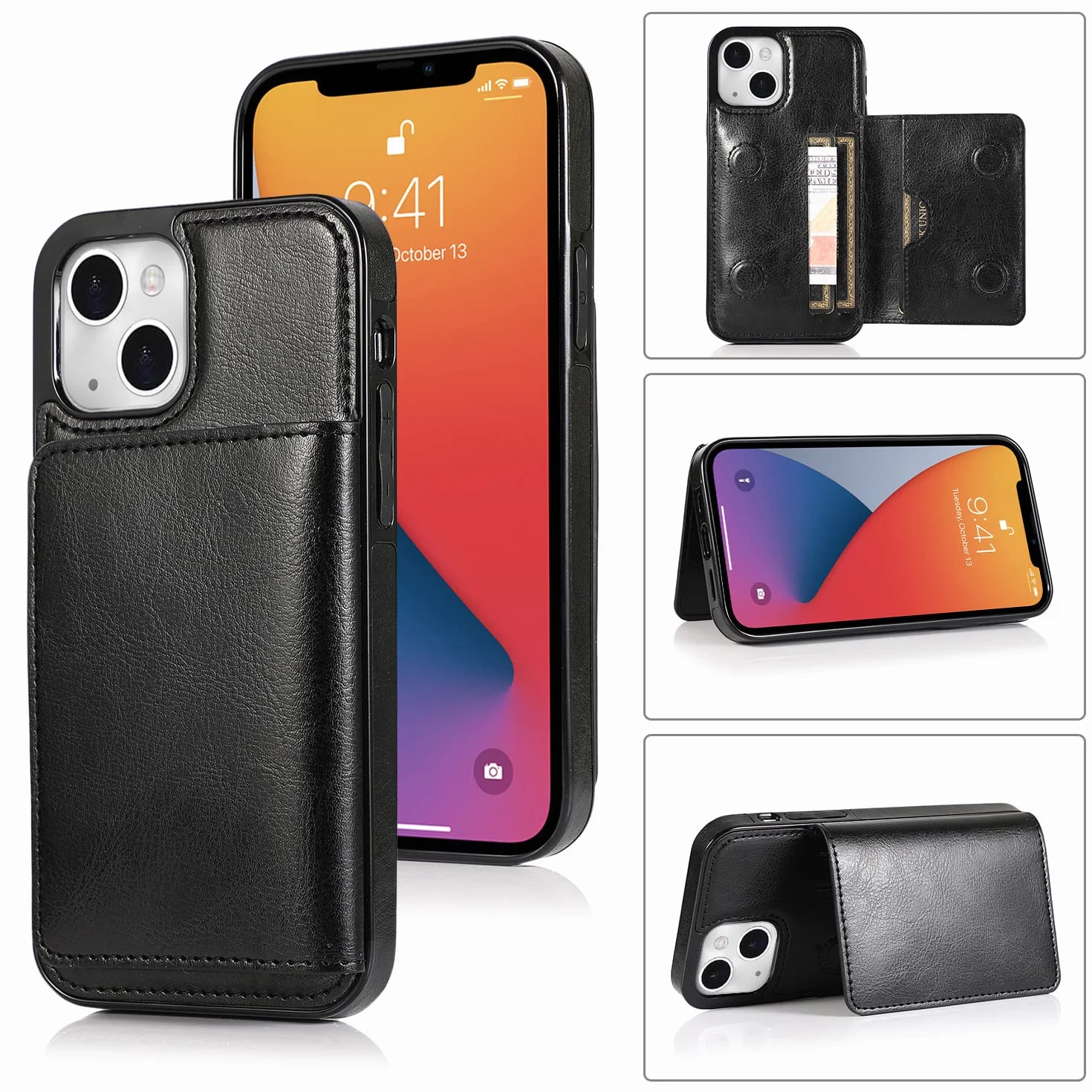 Cienkie etui do iPhone 14 Pro Max / 14 Plus/14 Pro / 14, magnetyczne etui na telefon komórkowy, z klapką, matowa skóra, portfel, etui ochronne na telefon z uchwytem na karty, czarne, 35,5 cm