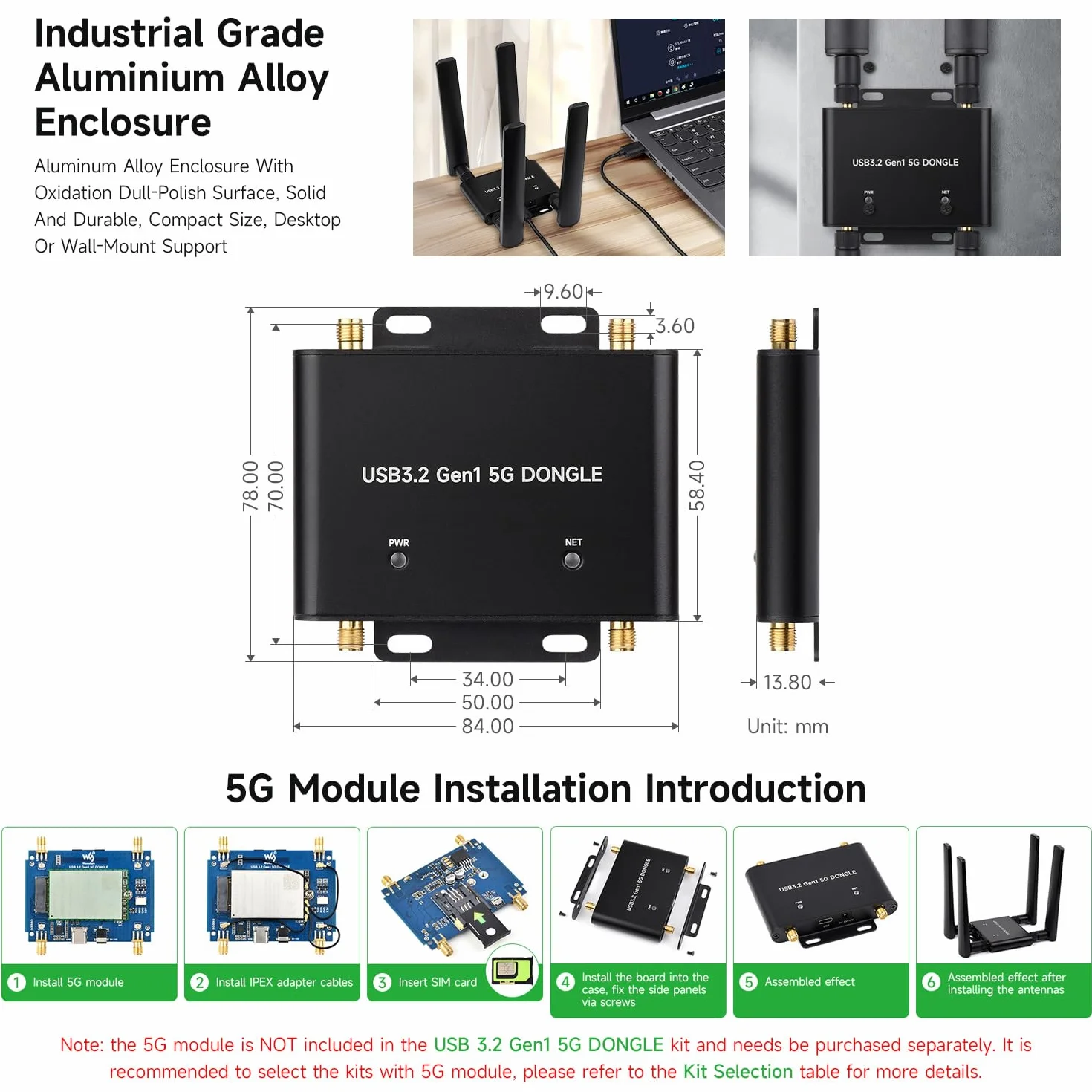 Waveshare 5G DONGLE Expansion Board ONLY, USB 3.2 Port, Aluminum Alloy Case, Quad Antennas, Onboard M.2 Key B Interface, Does NOT Include 5G Module