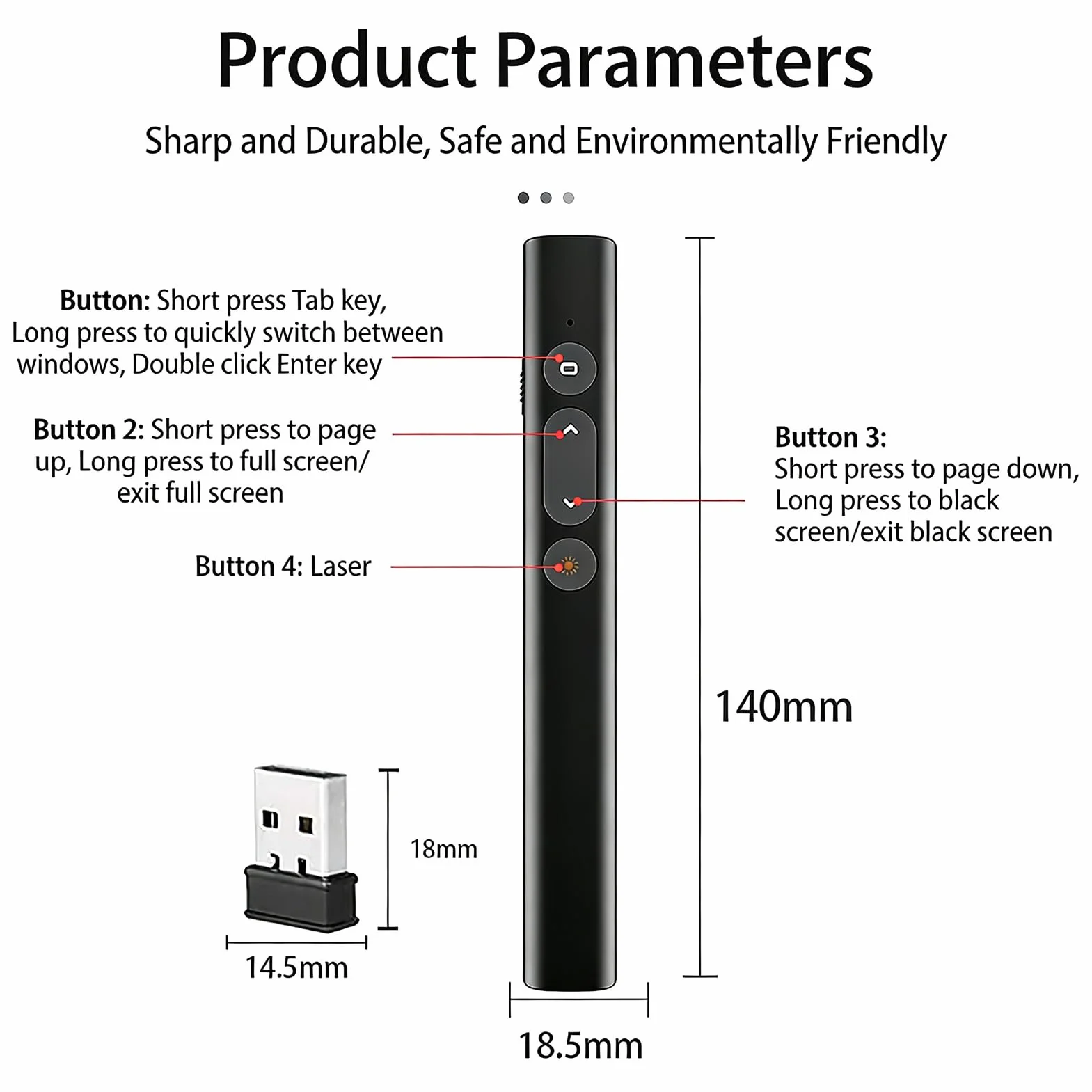 Tosuny Bezprzewodowy Pilot do Prezentacji 2,4 GHz, Czerwony Wskaźnik Laserowy 30 m z Odbiornikiem USB
