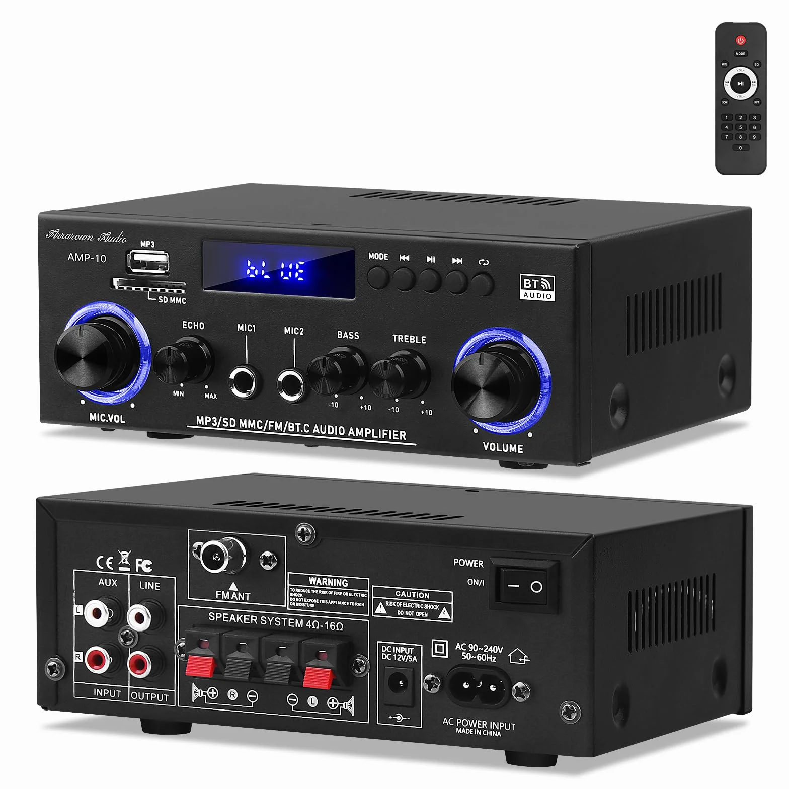 Amp10 wzmacniacz domowego audio, wzmacniacz mocy 400 W, 2-kanałowy odbiornik stereo z Bluetooth 5.0, aktywne wyjście subwoofera, radio FM, USB/SD/AUX, MIC, pilot zdalnego sterowania do kina