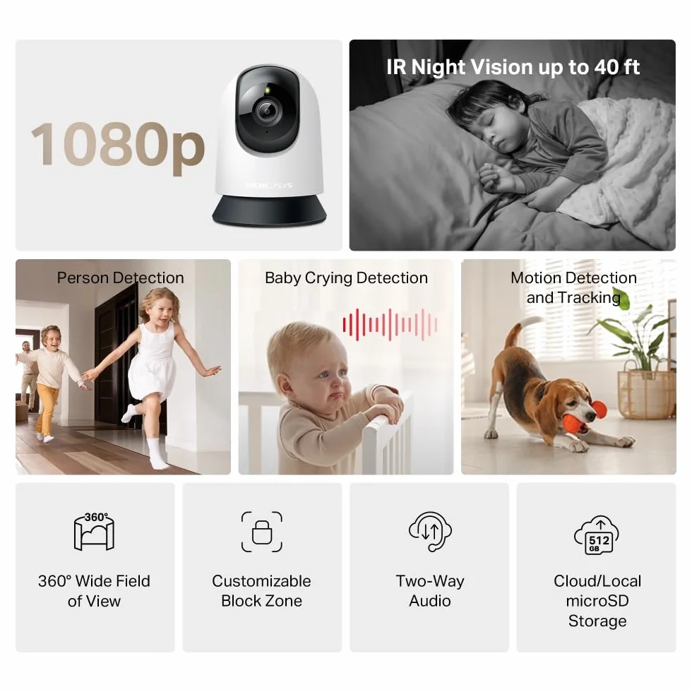 MERCUSYS MC200 kamera do monitoringu wewnątrz 360°, WLAN 2,4 GHz, 1080p, noktowizor, dwukierunkowe audio, rozpoznawanie AI, kompatybilna z Alexa, karta micro SD do 512 GB