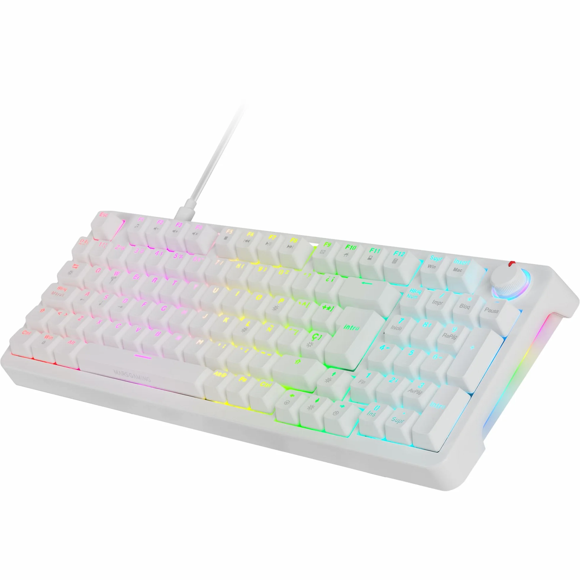 MARS GAMING MKPRO, Pełnowymiarowa Mechaniczna Klawiatura Gaming, RGB Chroma, Switches Mechaniczne Hot-Swap, Antighosting, Pokrętło Sterujące, Wieloplatformowa, Silent Switch, Hiszpański, Biały