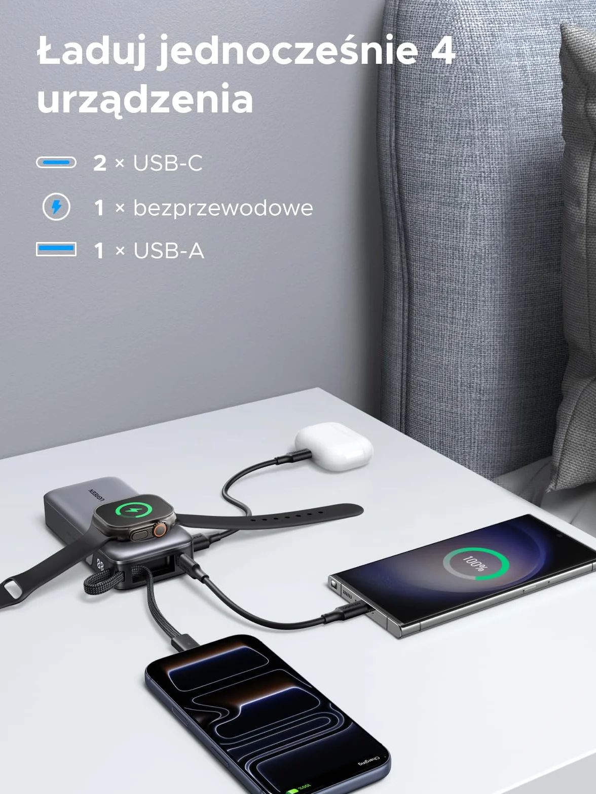 UGREEN Nexode 10000mAh Power Bank for iWatch (5W) z USB-C 30W | Oficjalnie Certyfikowane, Zintegrowany Kabel, Ekran LED, iPhone 17-12, do podróży i dojazdów do pracy