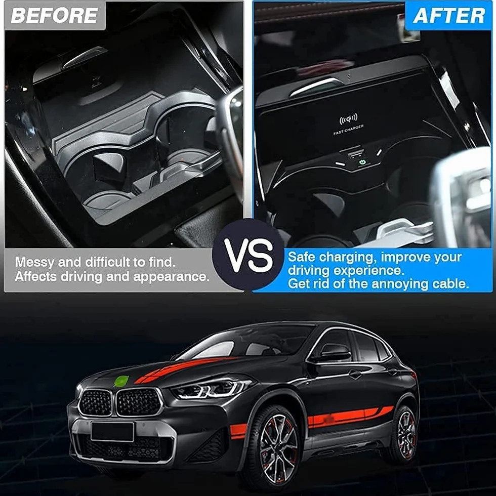 Bezprzewodowa ładowarka samochodowa kompatybilna z BMW X1/X2 2016 2017 2018 2019 2020 2021 panel akcesoriów, szybkie ładowanie Qi ładowarka do telefonu z QC3.0 USB
