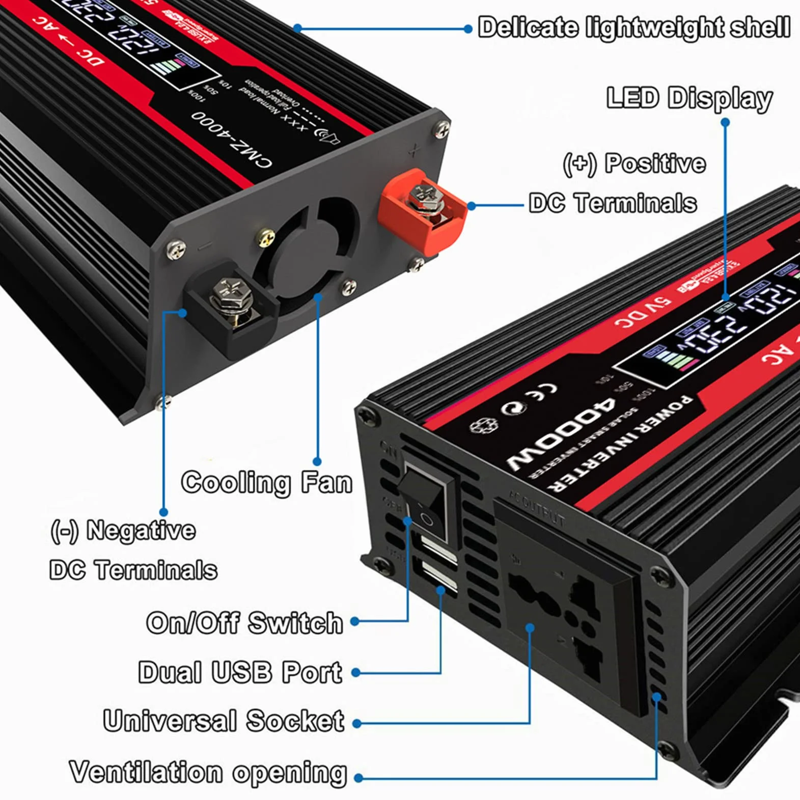 Przetwornice Mocy 300 W, Przetwornica Napięcia Samochodowego 12 V do 110 V 220 V AC Konwerter z 2 Falownikami USB i Zapalniczką Samochodową do Ciężarówki,Black-110V