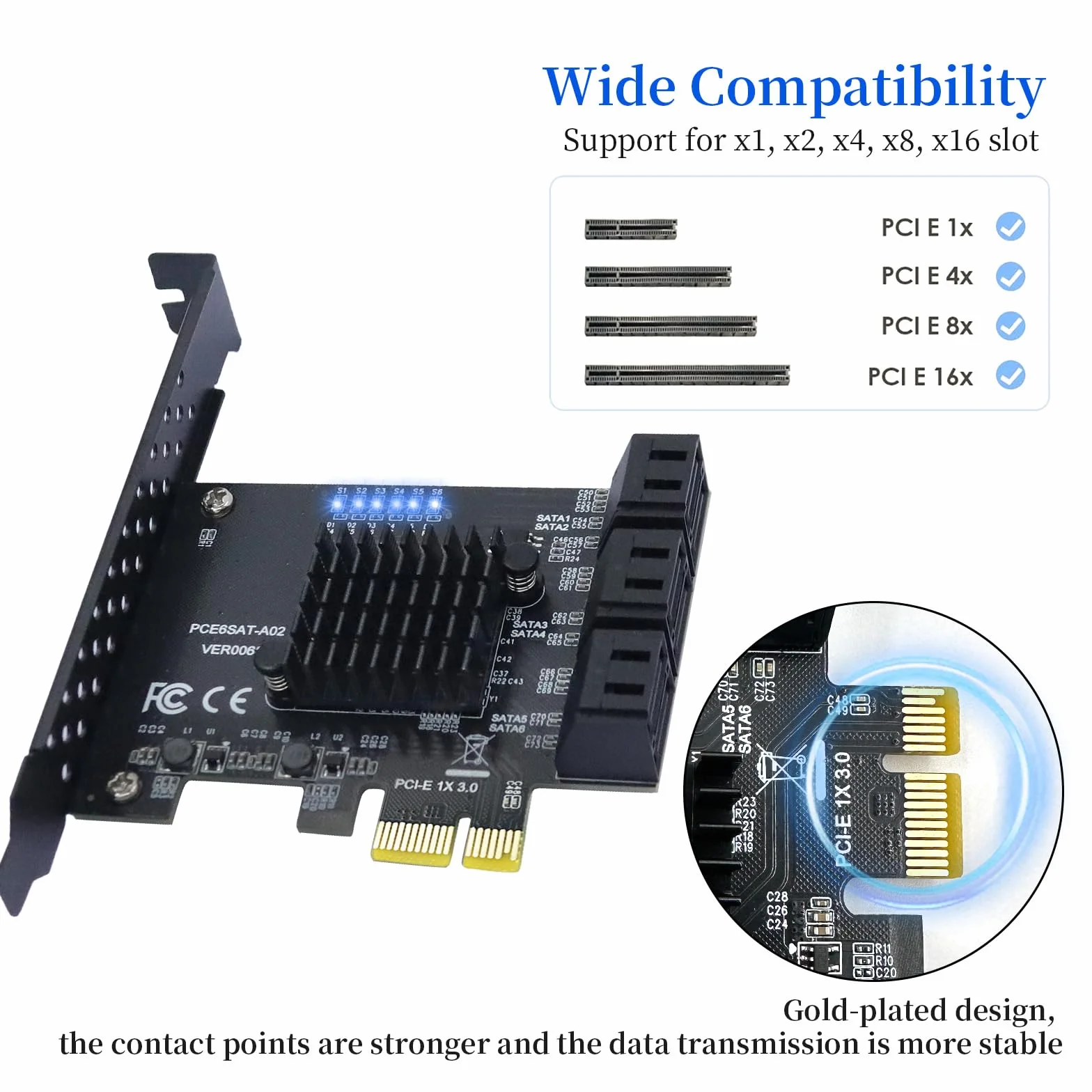 Karta SATA PCIe x1 z 6 portami, kontroler kart rozszerzeń PCIE 3.0 SATA (6 Gbit/s), karta SATA III z 6 kablami SATA, 15-biegunowy kabel rozdzielający zasilanie SATA do Windows, Mac OS, systemu Linux