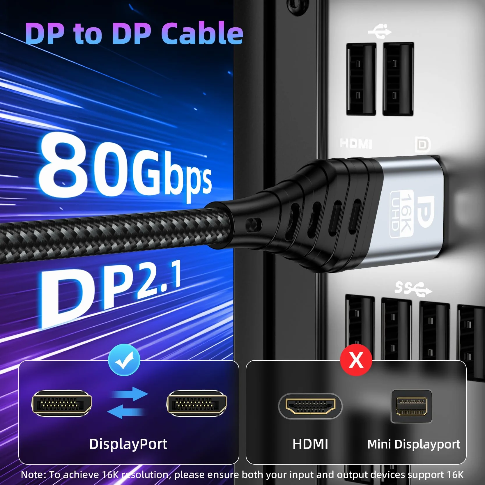 Kabel DisplayPort 2 m 16K 80 Gb/s HDR FreeSync G-Sync DSC 1.2a HDCP 2.2