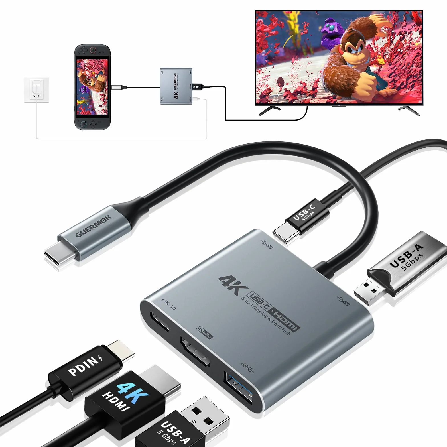 Guermok, Mobilna stacja dokująca USB-C, 4K60Hz, PD100W, 2×USB-A3.0, srebrny | Ładowanie podczas wyświetlania, TV mode, Obsługuje konsole przenośne, Plug & Play bez sterowników, monitory przenośne, PD100W
