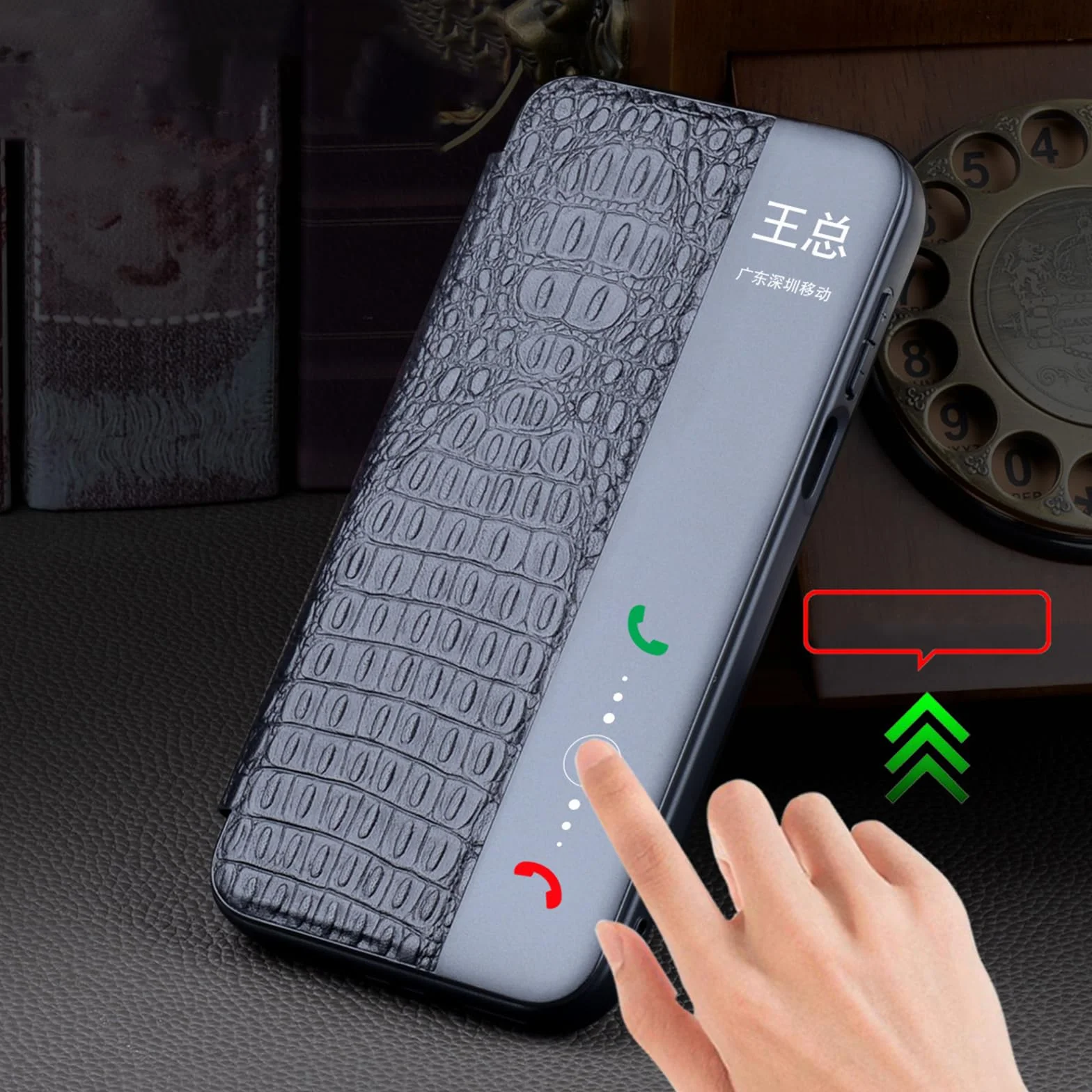 Etui z klapką do Huawei Pura 90 Pro Max/90 Pro, magnetyczne zamknięcie inteligentne okna etui krokodyl wzór prawdziwej skóry, czarny, 90 Pro