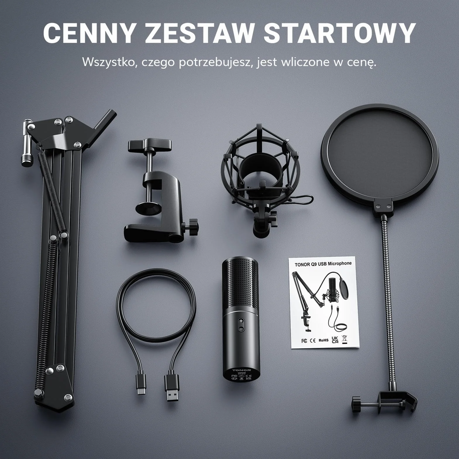 Mikrofon do gier USB do komputera, TONOR Podcast Kondensator, zestaw mikrofonowy, charakterystyka nerkowa, stojak na ramię, ochrona pop, mikrofon Brodcasting Mic Studio, Q9 Nowy Model