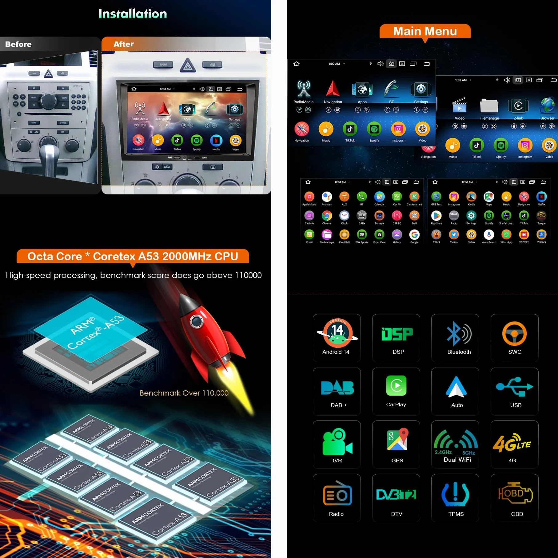 Erisin 8 cali 2 DIN radio samochodowe do Opel Meriva Corsa D Zafira Vivaro Antara H Android 13 [4G + 64 GB] radio samochodowe stereo z nawigacją Bluetooth WiFi DSP Wireless Carplay Android Auto ekran