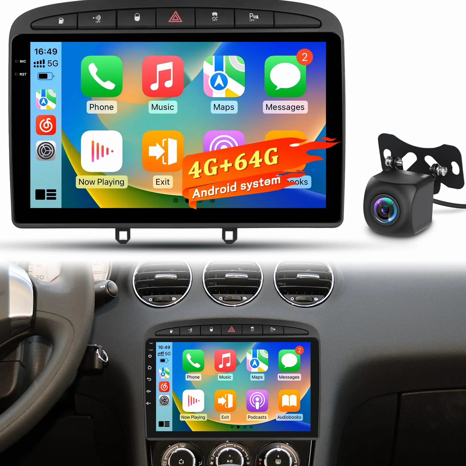 Radio samochodowe 4+64G do Peugeot 308 408 2007-2015, Android Radio z ekranem dotykowym z bezprzewodowym CarPlay i Android Auto, GPS Wi‑Fi Bluetooth, aktualizacja Plug & Play + kamera cofania