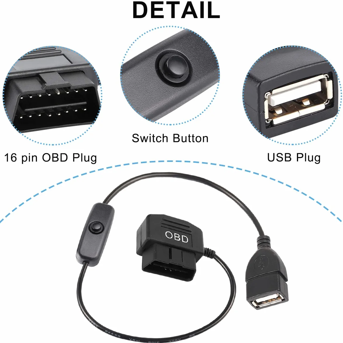 Adapter kabla zasilającego OBD-na USB, 16-biegunowy OBD2-wtyk do gniazda USB, kabel do ładowania, OBD2-do-5V 2A, złącze USB 12 V, 24 V, 36 V na 5 V, 2 A z przyciskiem przełączania, do kamery