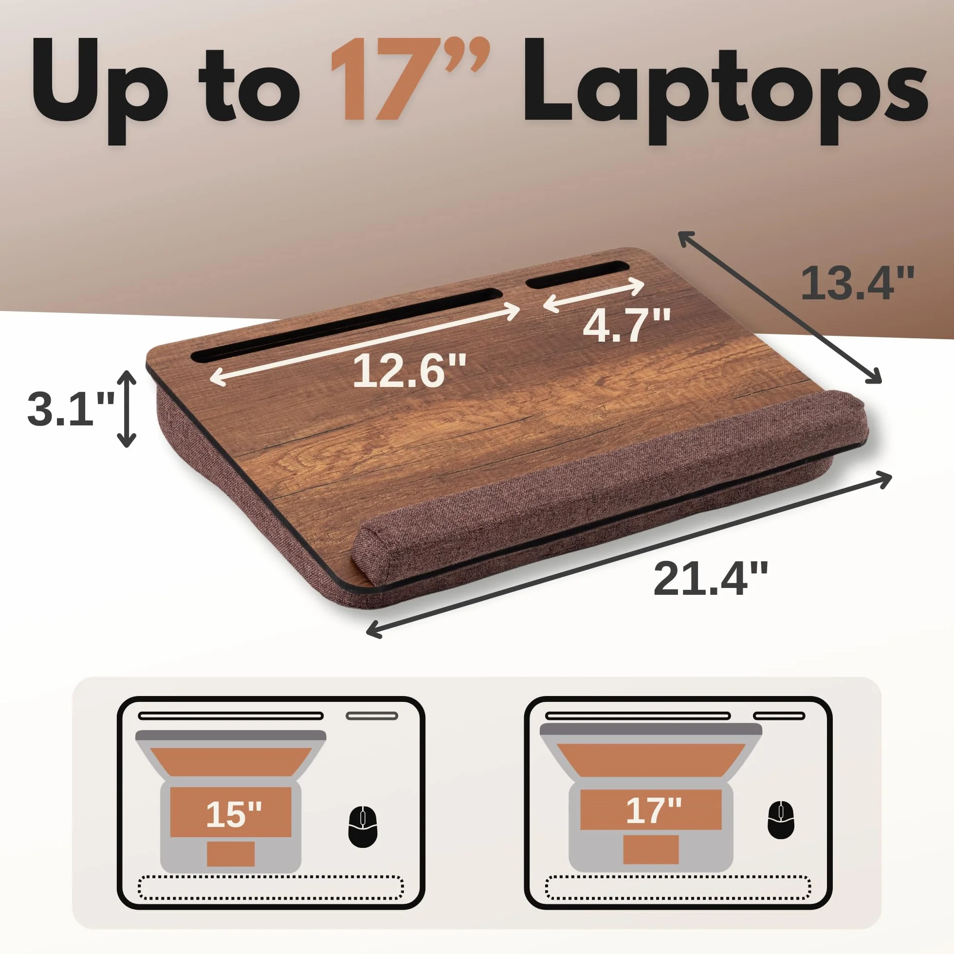 Vigo Wood Drewniane Biurko na Laptopa z Poduszką, do 17,3'', Przenośny Stolik z Uchwytami na Tablet i Telefon (Orzech i brązowy)